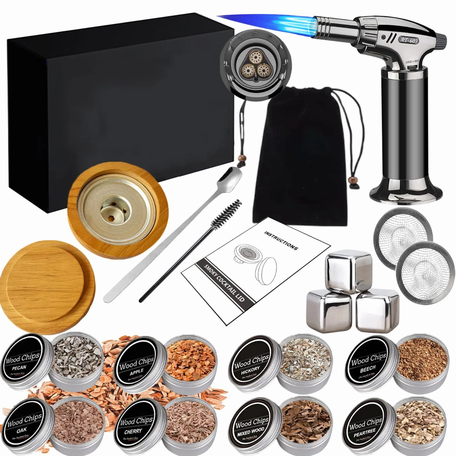 RoseFlower Kit de ahumador cocteles, Kit de ahumador antiguo para whisky, bebidas, bourbon, bistec, pescado y queso - Bebidas alimenticias con sabor a humo infundido - Regalo del día del padre
