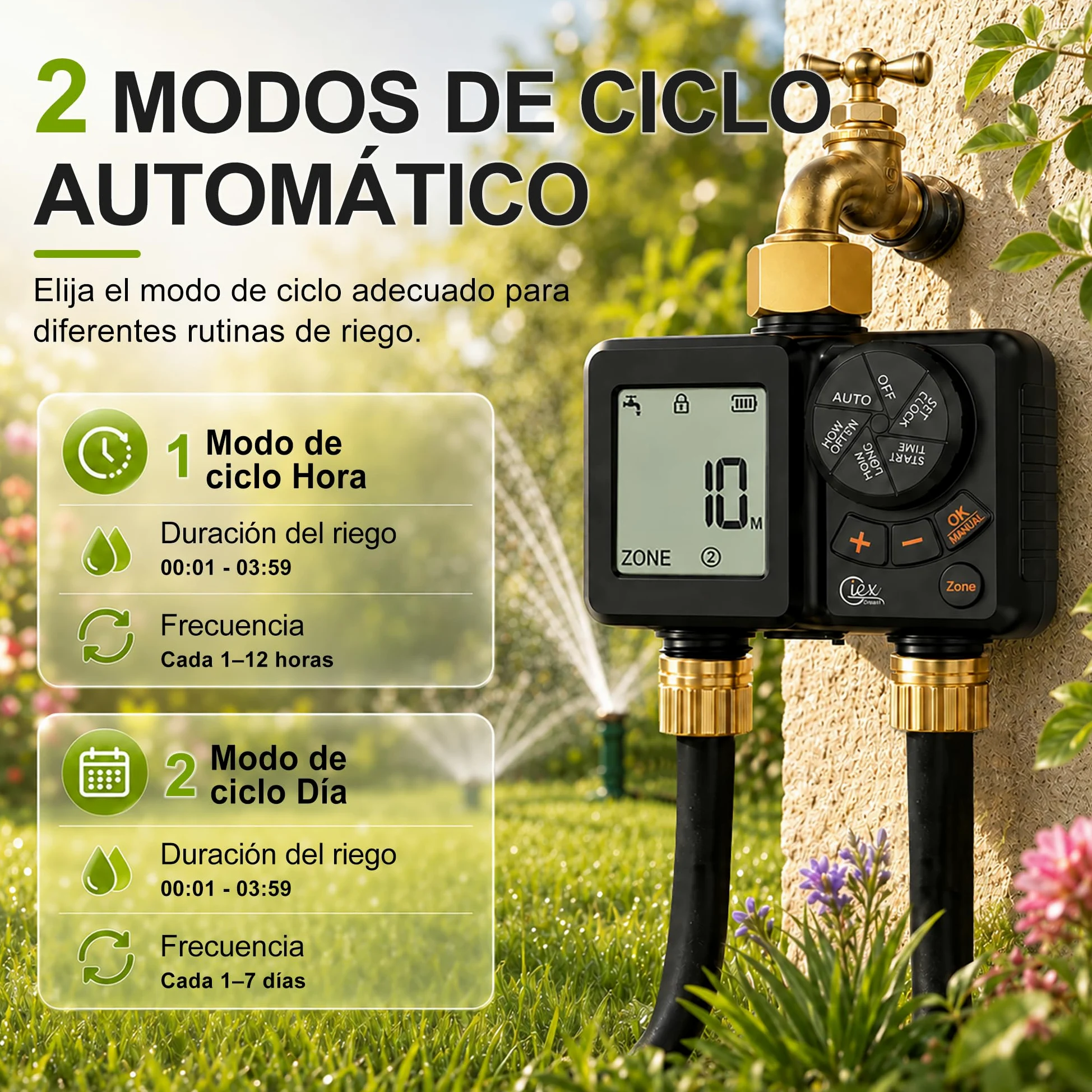 GIEX - Ordenador de riego de 2 vías, temporizador de riego recargable, 2 zonas con conexión de latón, temporizador de agua programable con IP66, retardo de lluvia y riego manual para jardín, césped
