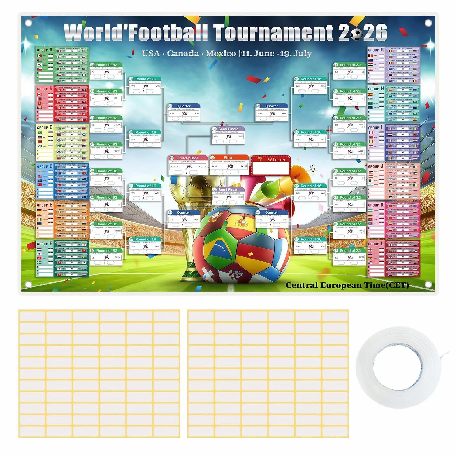 World Cup Football Wall Chart 2026, Calendario Copa del Mundo 150x100cm