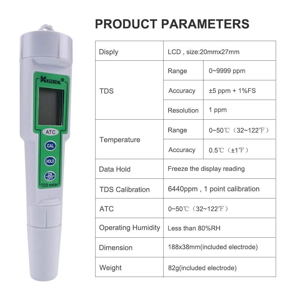 Portable Tipo Pluma TDS Calidad del Agua Análisis Meter Rango de medición 0-9999 PPM TDS Tester de Bolsillo del TC-3061