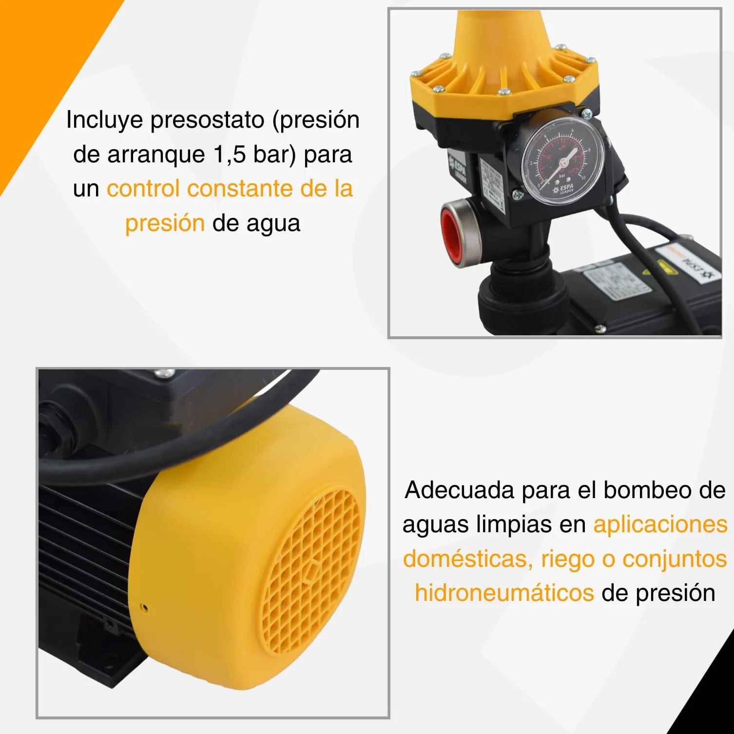 ESPA LEADER Grupo de Presión MISTRAL 90 4M 02, Bomba Aguas Limpias con Kit de Presión, 750 W, Caudal Máx 6.000 l/h, Altura 32 m, Uso Doméstico, Riego y Conjuntos Hidroneumáticos, Acero de Fundición