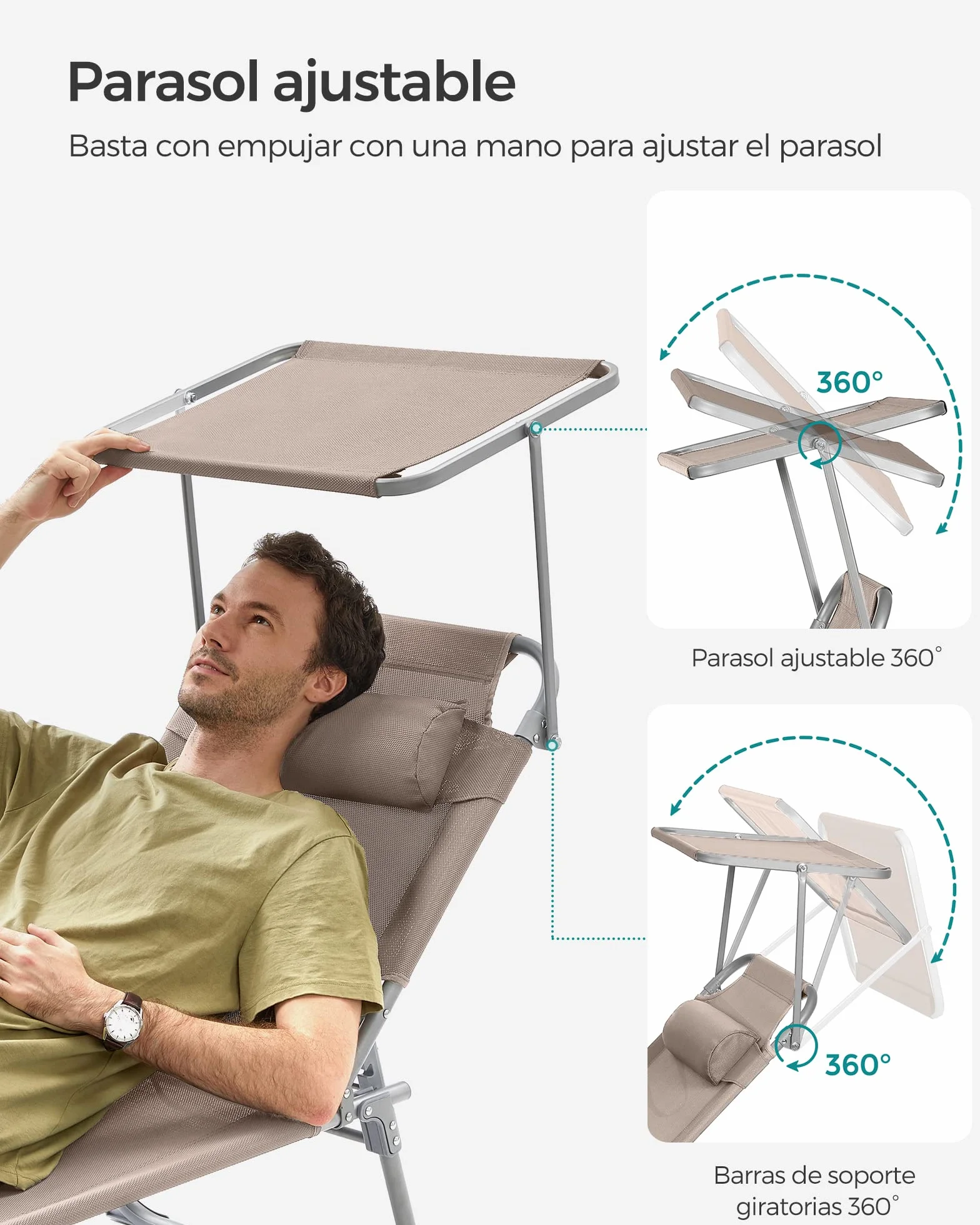SONGMICS - Tumbona Plegable, Tumbona, 193 x 53 x 29 cm, Capacidad de Carga 150 kg, con Parasol y Respaldo reclinable, para jardín, Piscina, terraza, Color Topo GCB192K01