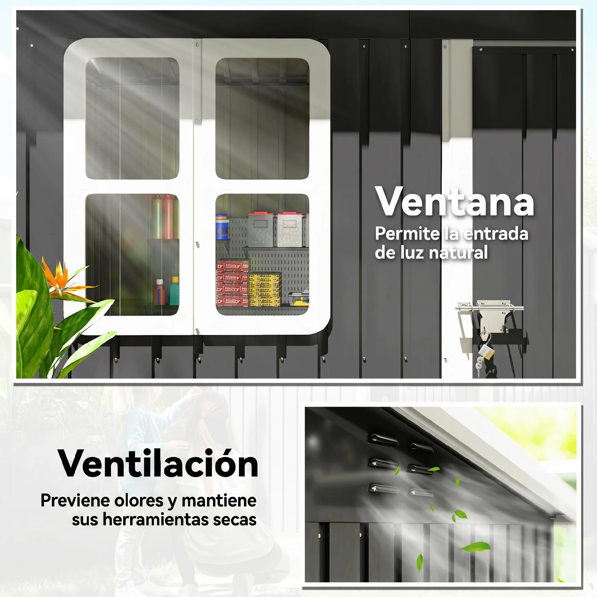 Outsunny Caseta de Jardín Exterior 2,55 m² 221x133x190 cm Gris Oscuro | Cobertizo de Jardín Metálico, Ventana, Puerta con Cerradura y Ventilaciones, para Almacenamiento de Herramientas