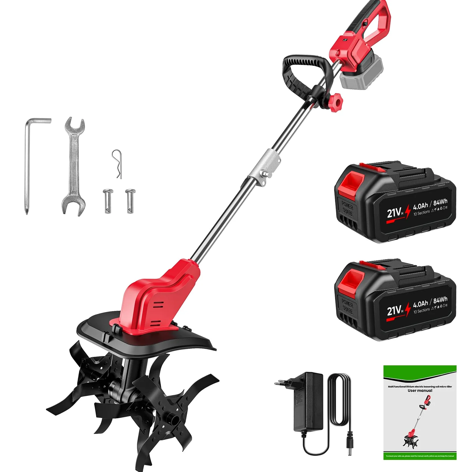 Motoazada Batería 550W, Motocultor Eléctrico 30cm con Pantalla LED, Rojo | Motor 550W, 2 Baterías 4.0Ah Inclusas, Pantalla LED, Rodillo Doble, Ancho 30cm, Mango Plegable, Ideal Para Jardinería