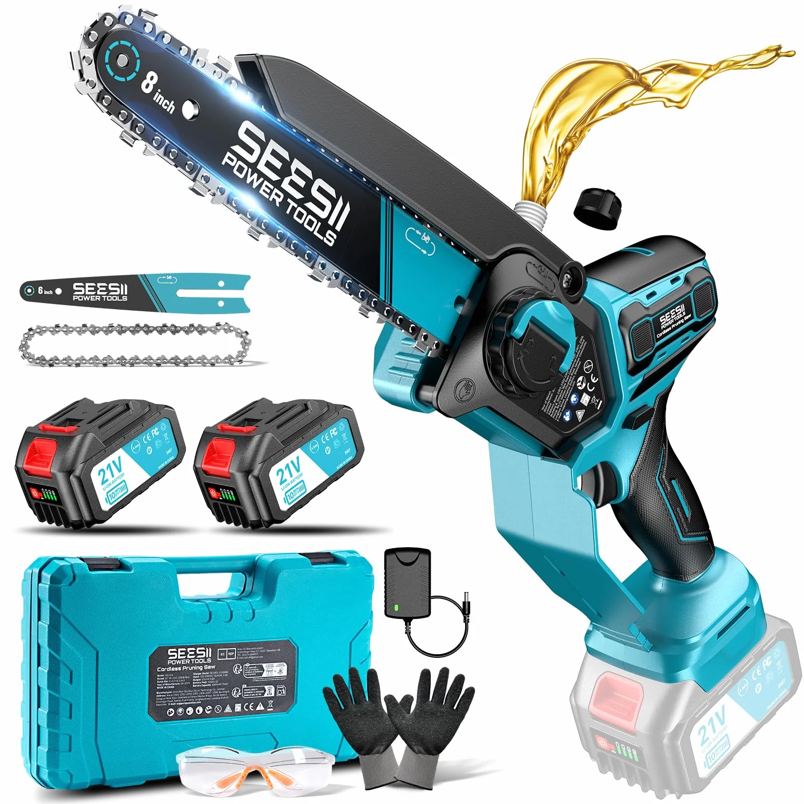 SEESII 6 & 8 Pulgadas Motosierra Bateria, 1000W Brushless, Mini Motosierra con 2*4000mAh Batería, Sierra Eléctrica para Podar con Lubricación Automática, Motosierras Pequeñas Árboles y Cortar Madera