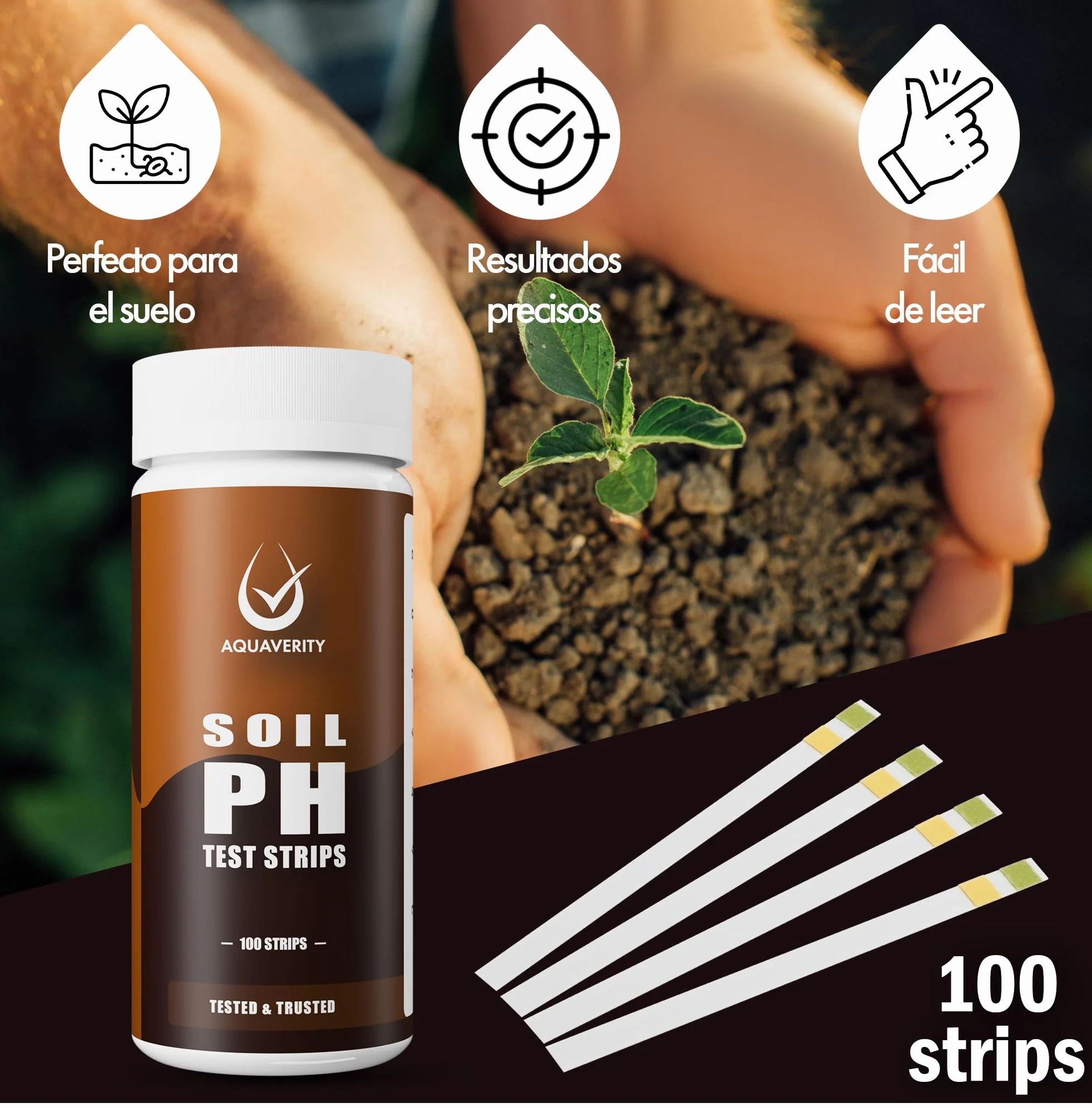 Kit de prueba de suelo: 100 tiras de prueba de pH del suelo (rango 3-9) pruebas de pH rápidas y precisas para jardín, césped y plantas | Tiras probadoras de pH fáciles de