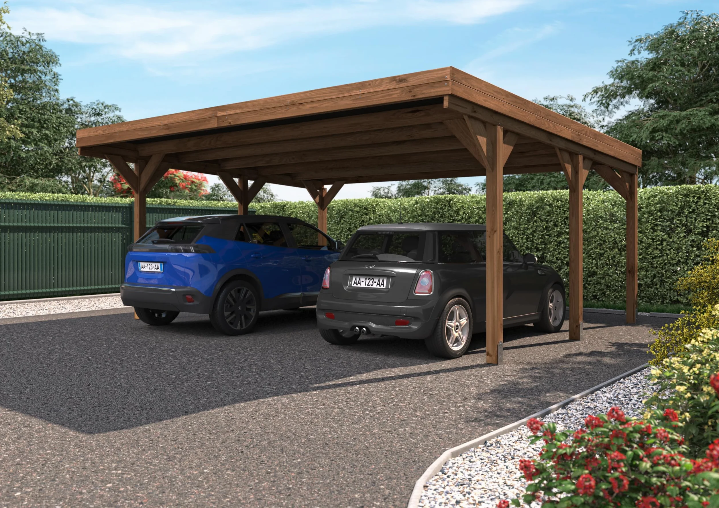 Forest Style - Cochera Doble Victor 30,9 m² (6,02 x 5,11 x 2,52 m) – Madera de Pino Tratada – Techo de Policarbonato – Aparcamiento Cubierto para 2 Coches – Estructura Robusta y Resistente