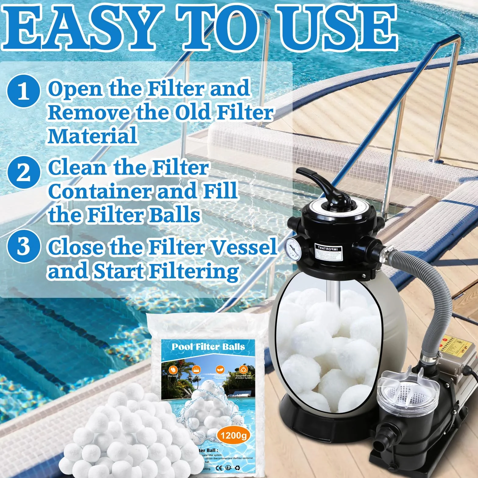 1200 g Bolas Filtro Piscina, Bolas Depuradora Piscina Bola de Filtro de Piscina para Sistemas de Filtro de Arena, Reemplaza 40kg Arena de Filtro, Limpiador de Piscinas Sistema de Filtro
