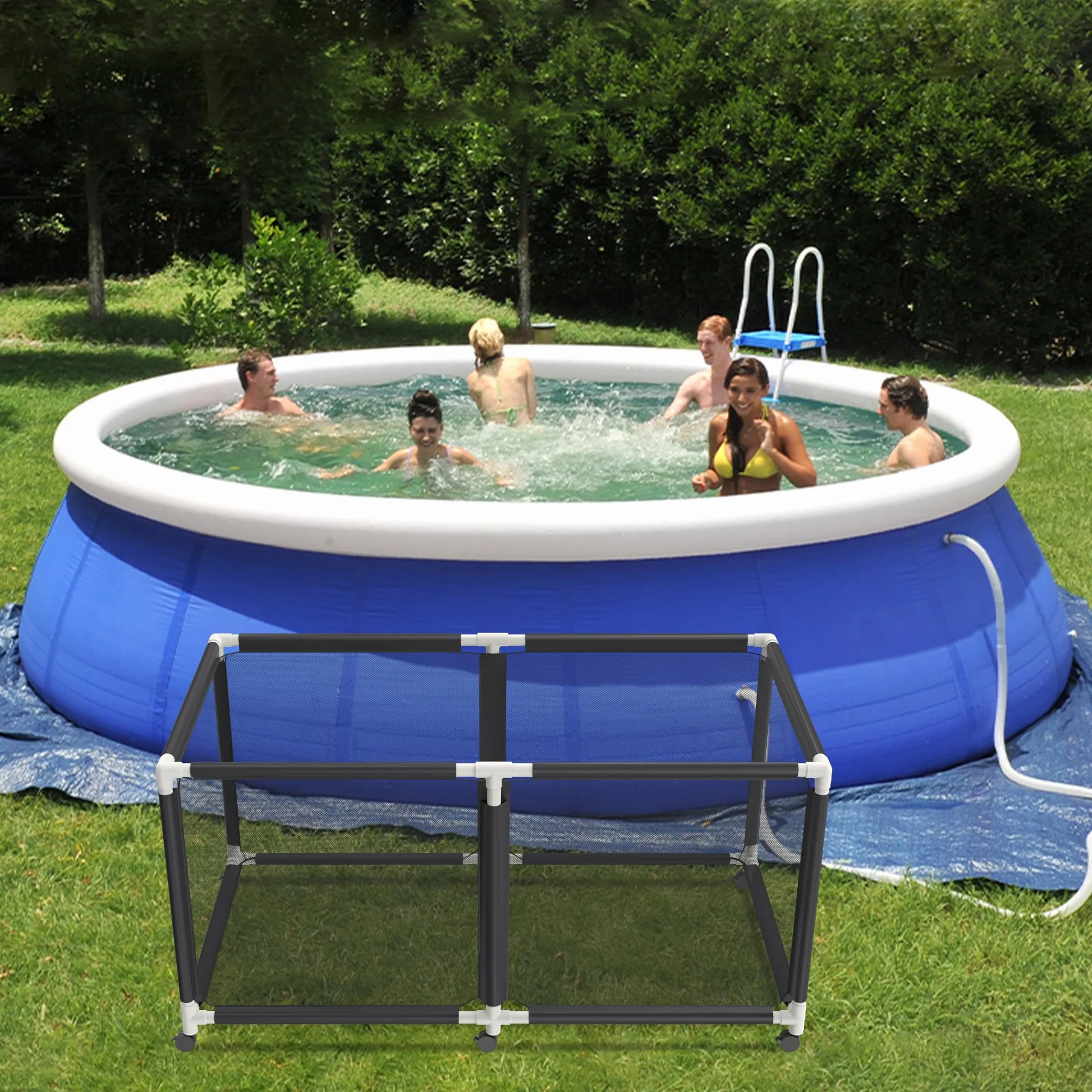 AufuN Caja de almacenamiento para piscinas, contenedores de almacenamiento de piscina, organizador de almacenamiento de flotador para fideos, juguetes, nadadores, toallas, organizador de red para