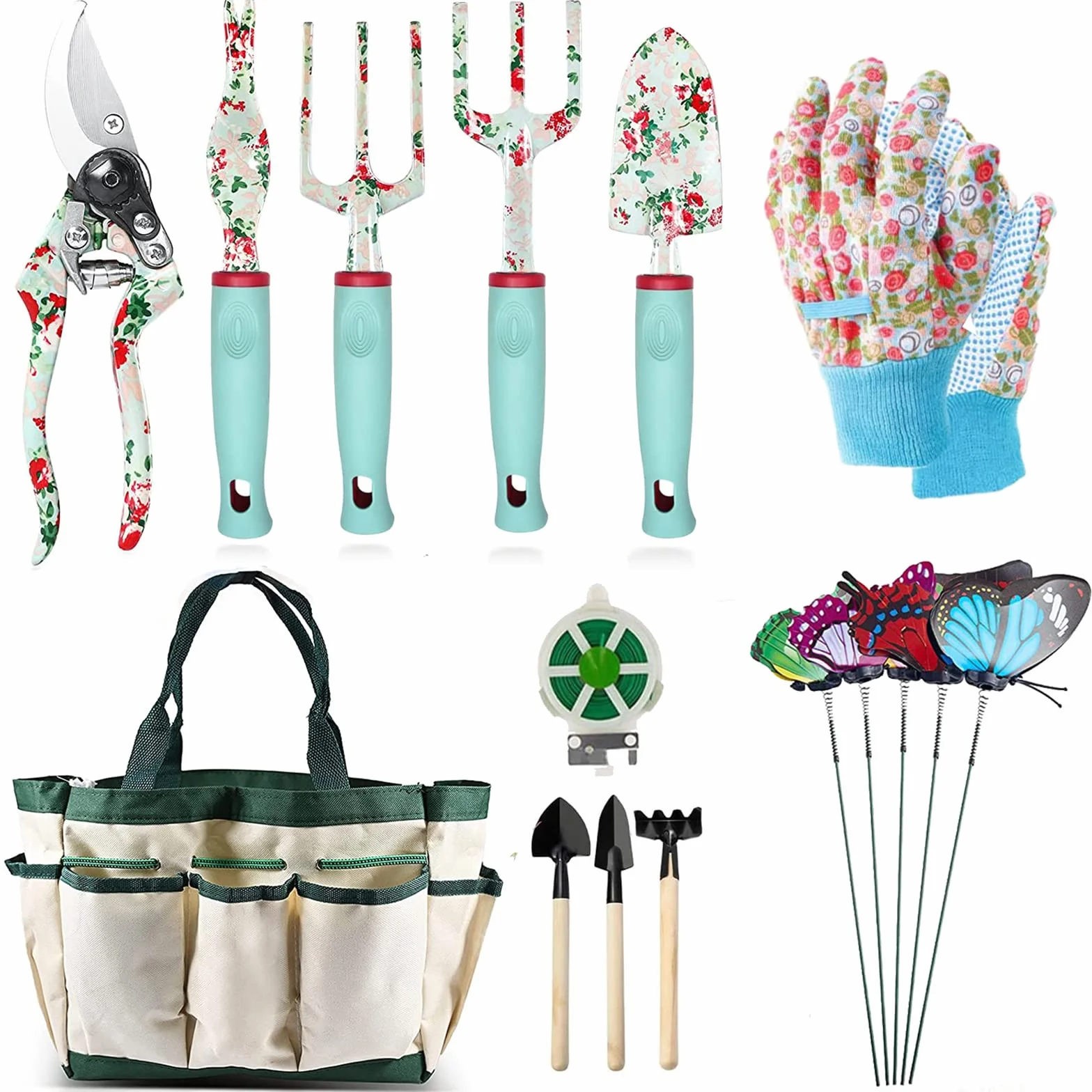 Juego de Herramientas de Jardinería 16 Pcs,Kits de Regalo de Herramientas Manuales de Jardín FloralRegalos de Jardinería para Mujeres y Hombres, con Tijeras de Podar y Bolsa de Almacenamiento