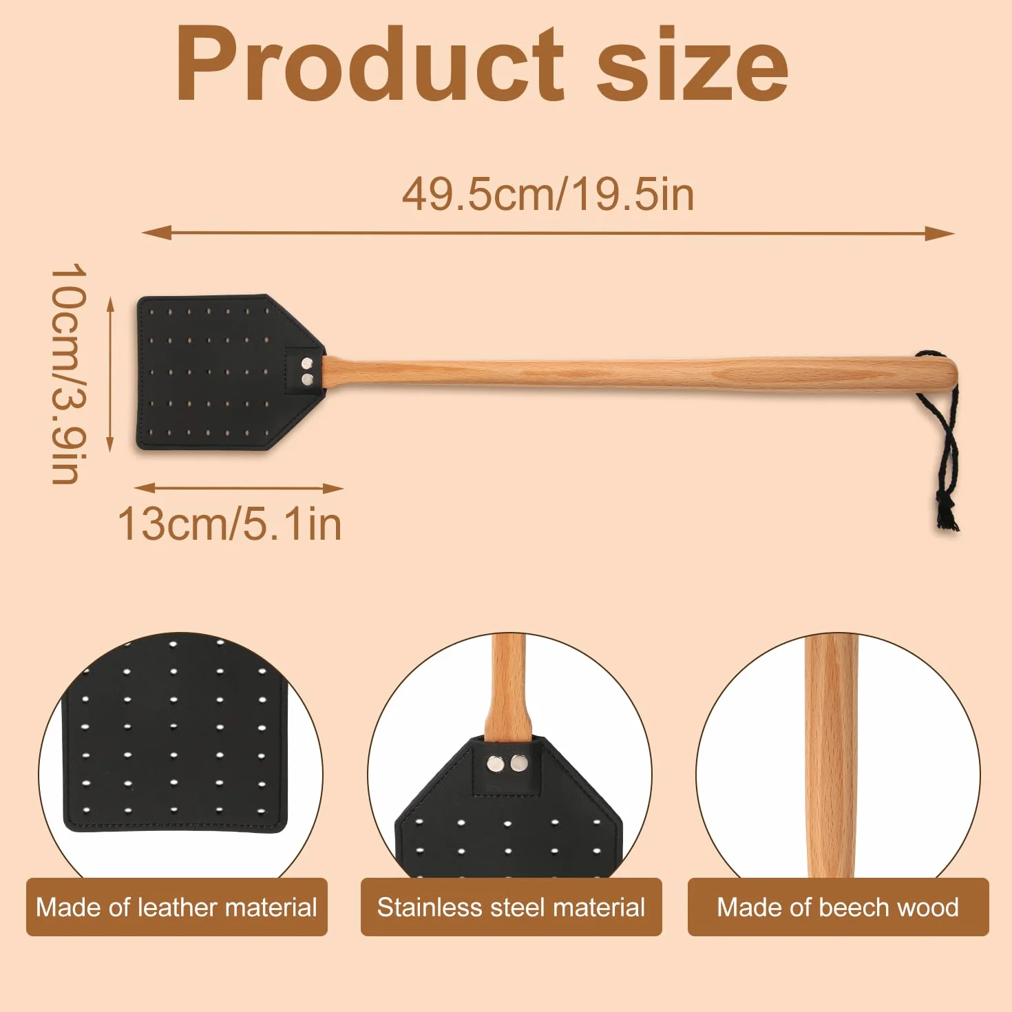 2 Piezas Matamoscas de Cuero, Matamoscas Manual con Mango Largo de Madera Duradero Atrapamoscas Matamoscas de Avispas para Interior Exterior Hogar Mosca