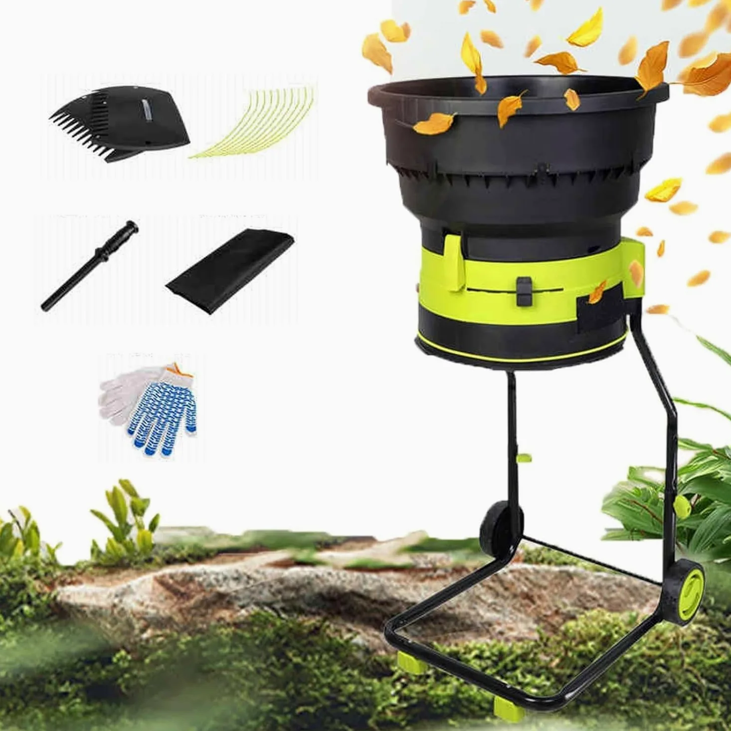 Mulchador/Desmenuzador de Hojas Eléctrico con Cable de 2500W, 8,000 RPM, con Ruedas y Bolsa de Almacenamiento, Tamaño de Corte Ajustable, Cable de Poder de 20m (20m)