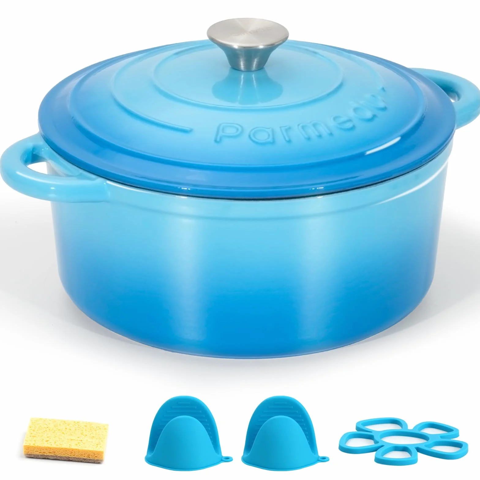 Parmedu Horno holandés de hierro fundido esmaltado, olla de 5.5 cuartos de galón con tapa, doble asa, utensilios de cocina resistentes para estofar, guisos, asar, hornear pan, azul océano