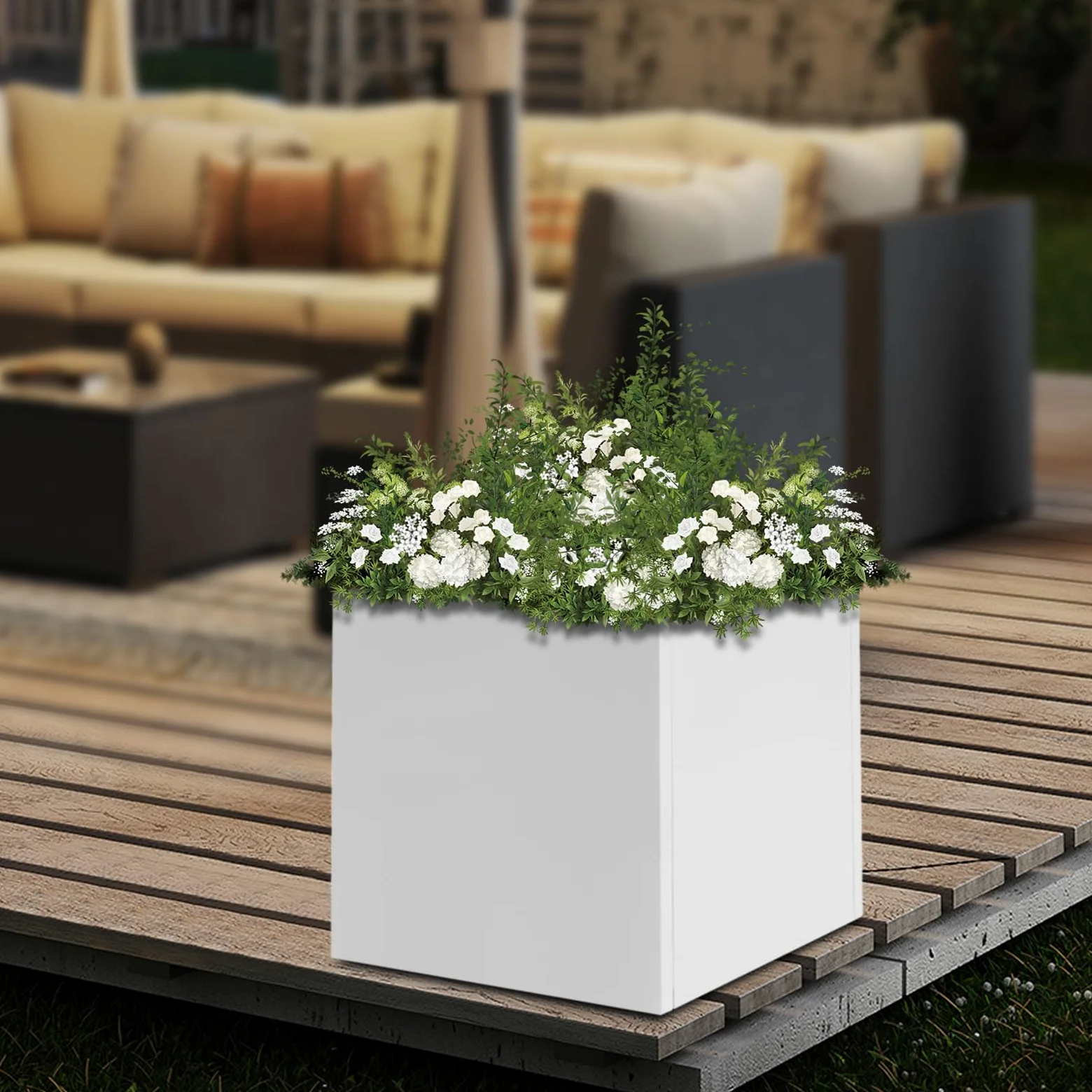 Macetero cuadrado de 60 x 60 x 60 cm, para exteriores, para jardines, entradas, terrazas, patios, etc., color blanco