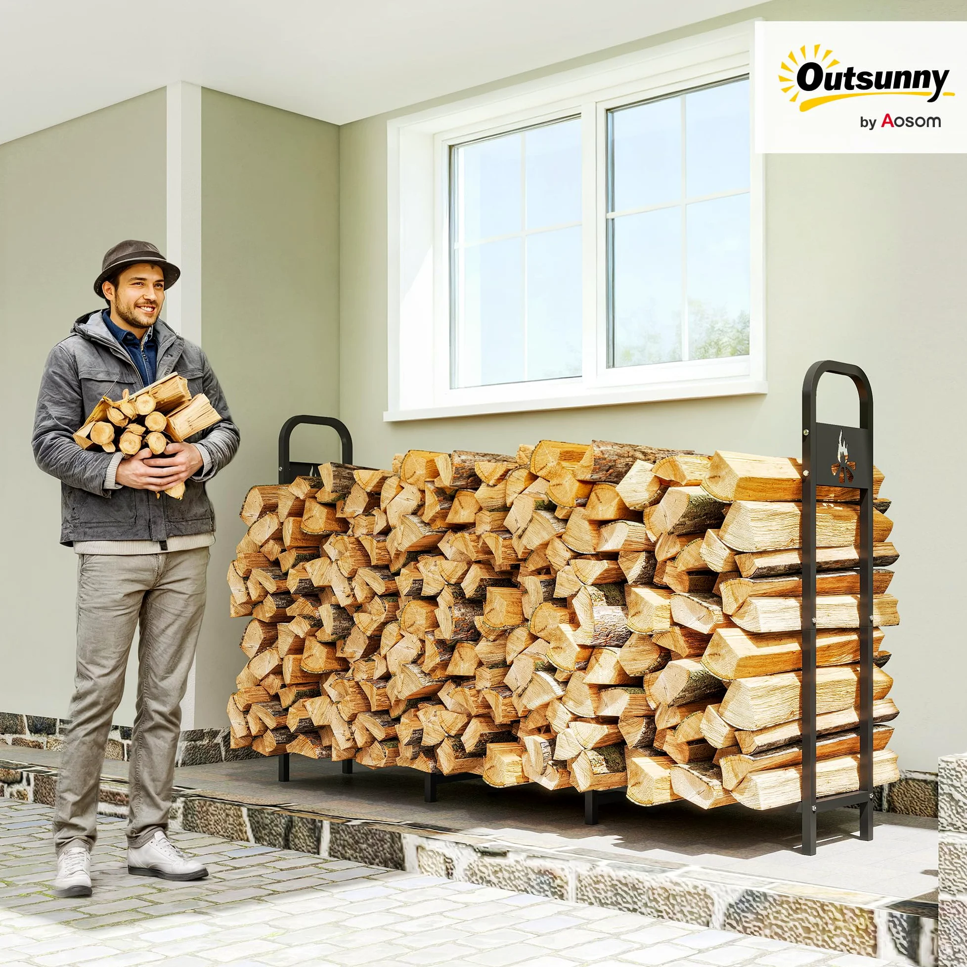Outsunny Estante de Leña Metálico, 200x30x120 cm, Carga 300 kg, Leñero Exterior con Marco de Acero, Patas Extra Reforzadas y Diseño Recortado de Fogata, Soporte para Leña de Chimenea, para Jardín