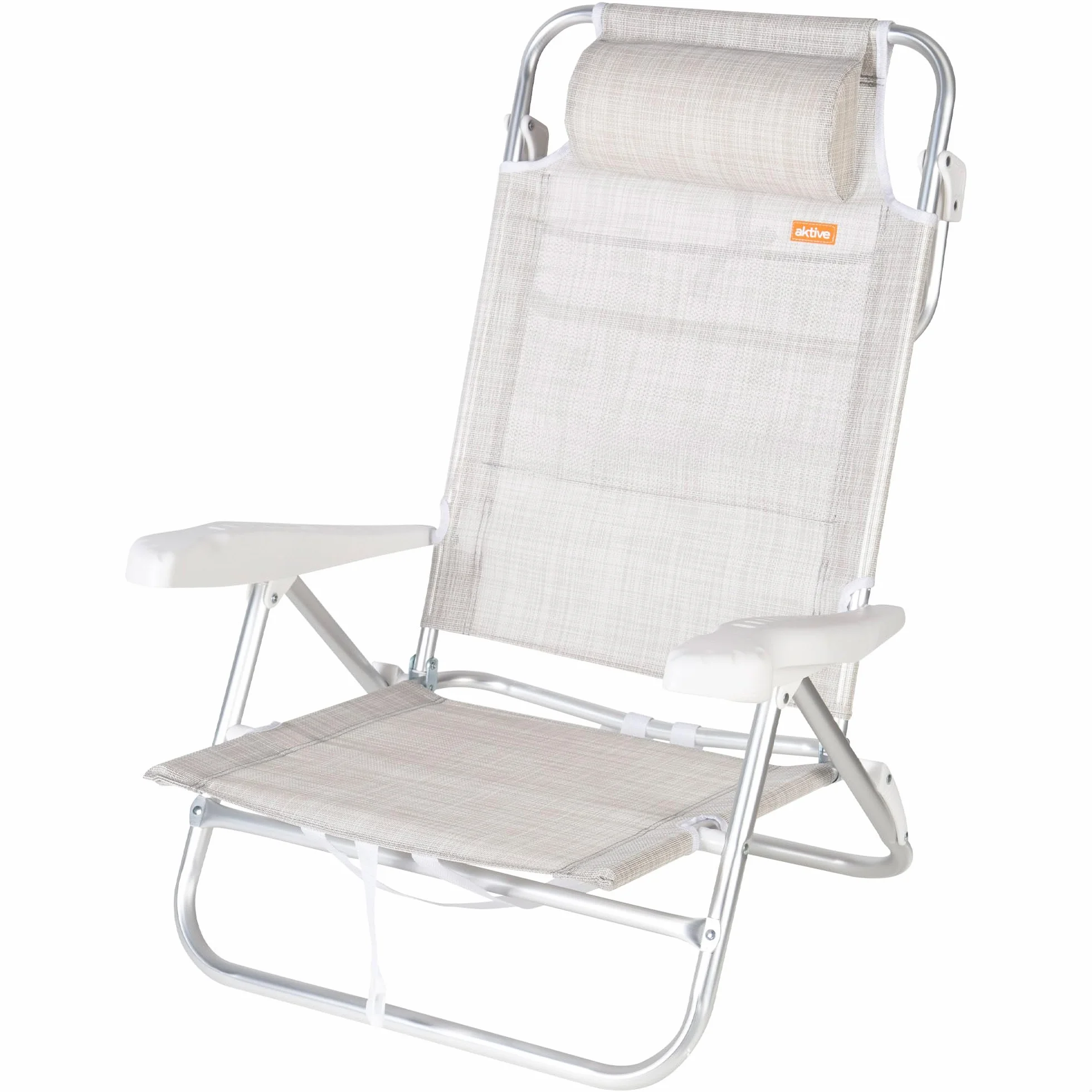 AKTIVE Silla de Playa Plegable, Beige, Multiposición 8 Posiciones, Textileno y Aluminio, 47x49x82 cm, Soporta 110 kg, con Asa de Transporte