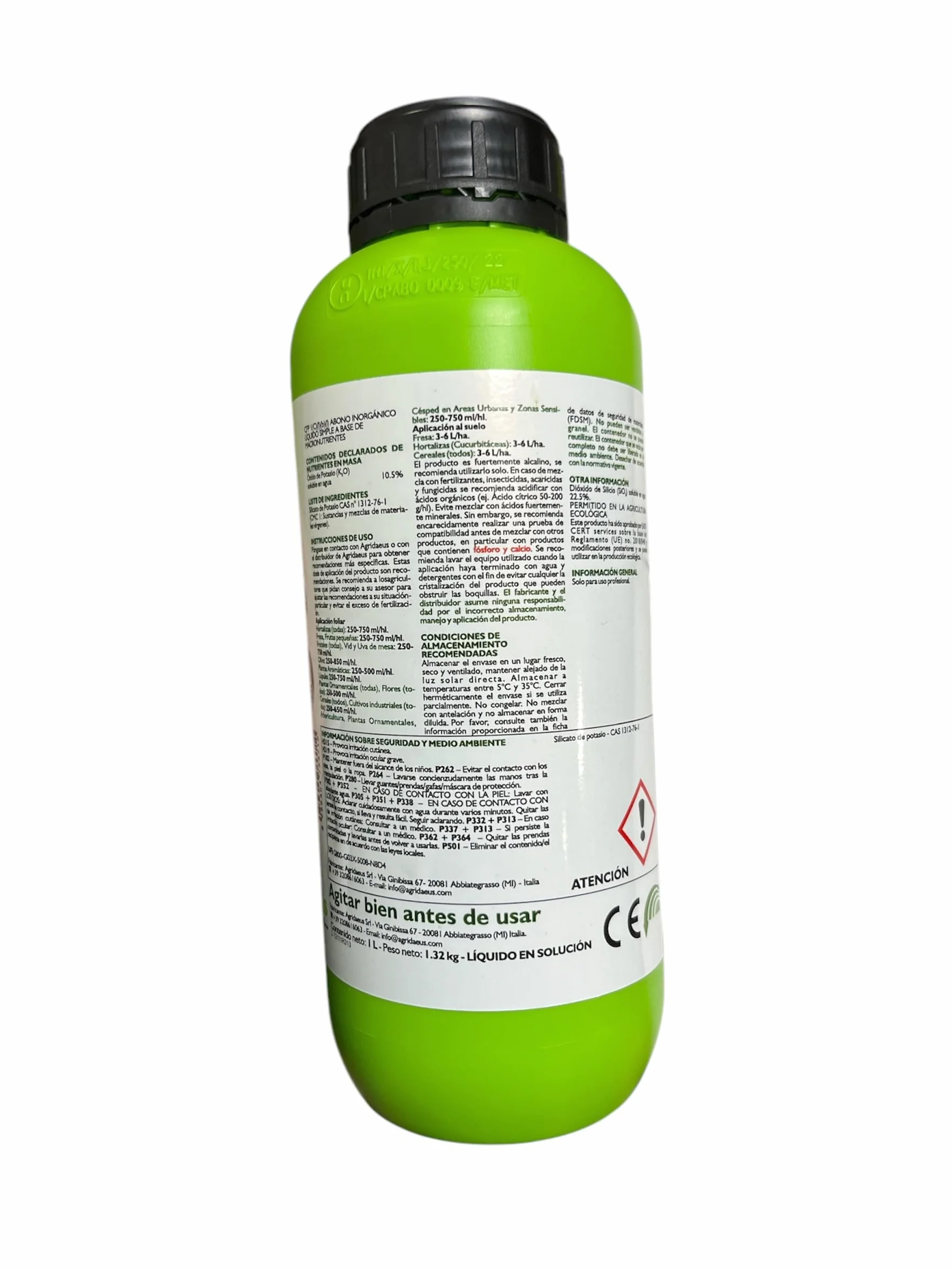 Silicato de potasio(10,5%), 1 litro, fertilizante rico silicio para protección termica de cultivos, contra heladas y cambio termico. Dióxido de silicio, 22,5%