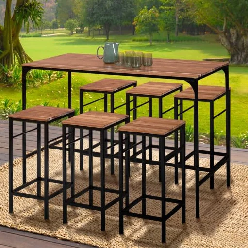 IDMarket – Salón de jardín Panamá Conjunto de bar de mesa alta y 6 taburetes de diseño industrial acacia