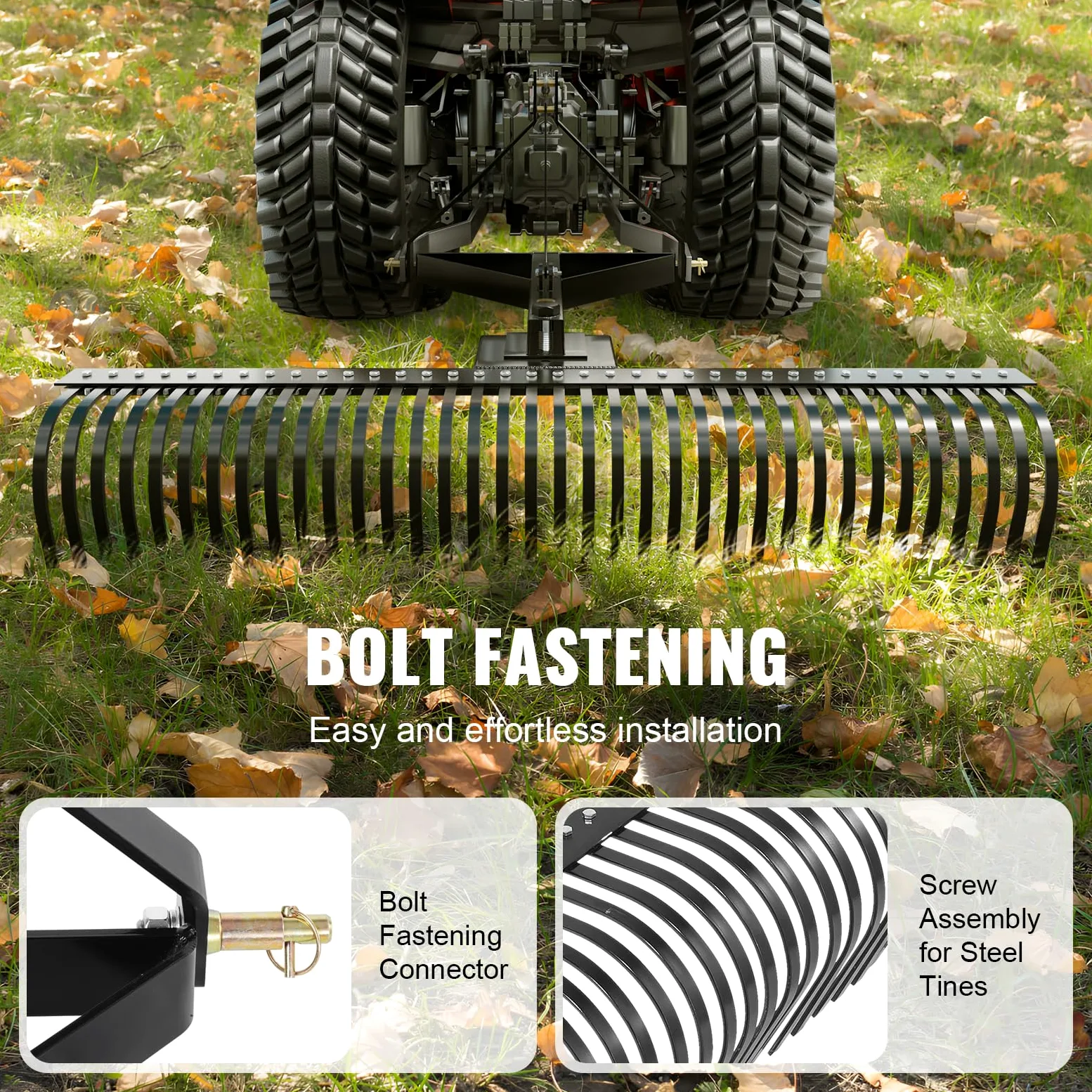 VEVOR Remolque detrás de la Escarificadora, 759,5 x 678,2 x 482,1 mm con 36 Púas de Acero, Rastrillo de Césped de 3 Puntos con Accesorios para Tractor, Rastrillo de Paisaje para Jardín, Granja, Césped