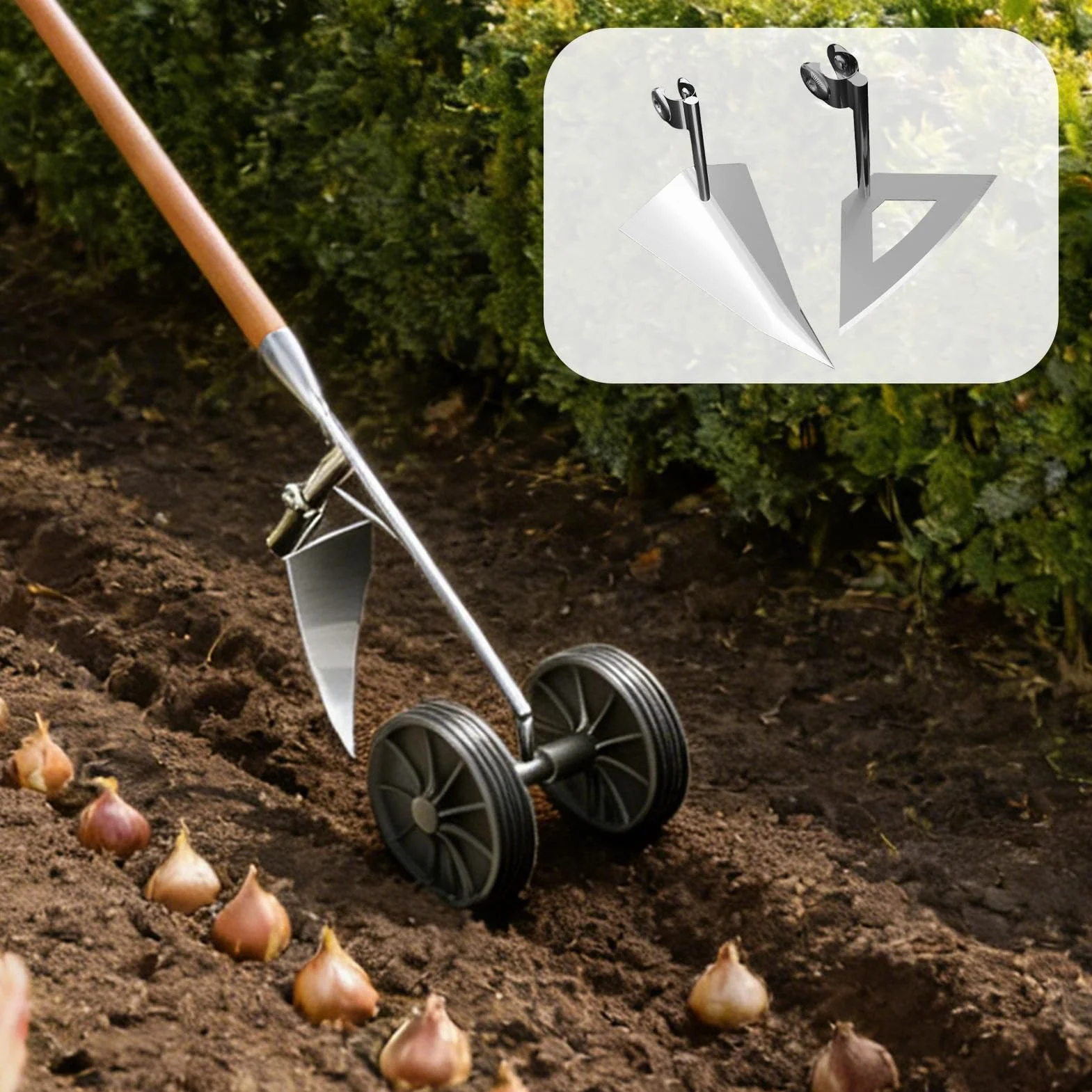 Azadas de jardín con Ruedas Dobles, 3 en 1 para aflojar/zanjar/desmalezar Herramientas de Azadas de Rueda empujadas a Mano, Herramientas de jardín manuales para plantación de jardinería