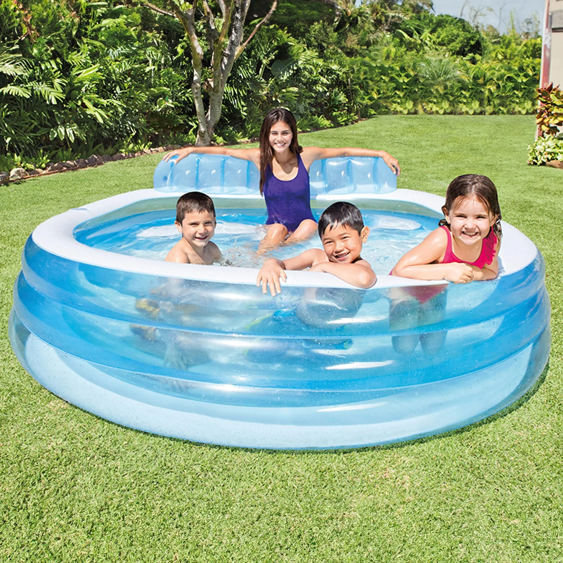 Intex Piscina hinchable redonda con respaldo, 229x218x79 cm, 590 litros, 2 cámaras de aire, 2 portabebidas, Tapón de desagüe, Vinilo resistente, Parche de reparación, +3 años, Diversión verano (57190)