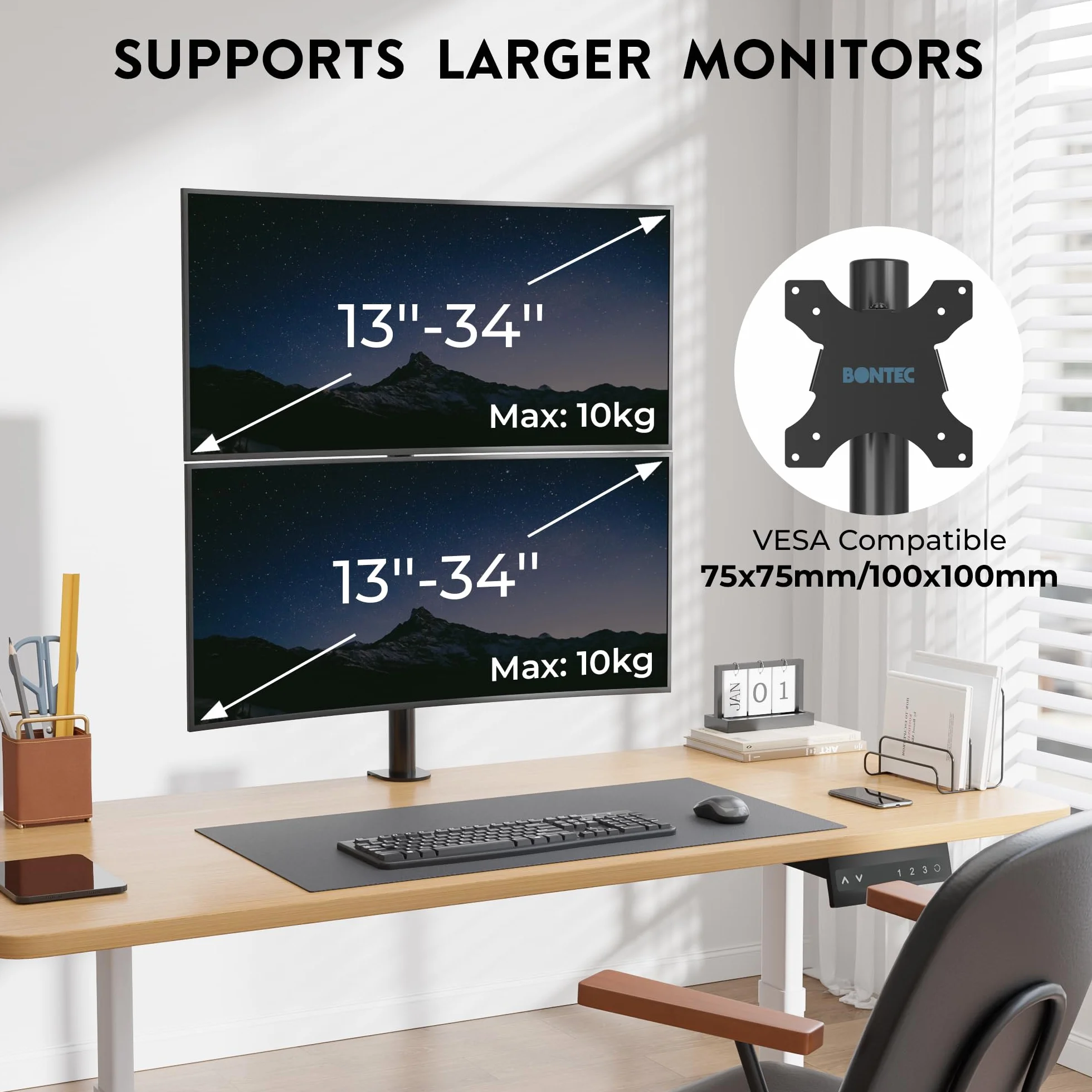 BONTEC Soporte Doble Monitor Vertical 13-34 Pulgadas VESA 75x75/100x100 10kg Brazo Inclinación Rotación Giro