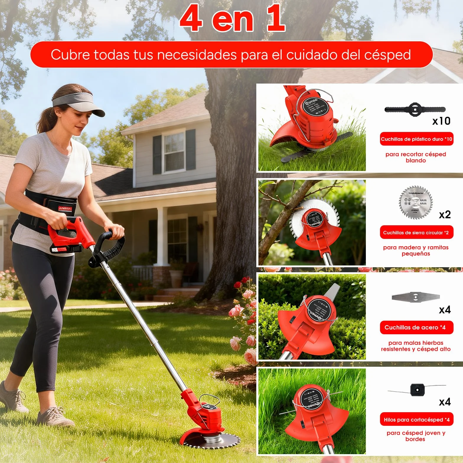 OUTIGO Cortadora de césped eléctrica inalámbrica, desbrozadora inalámbrica con 2 baterías y 4 Cuchillas, Recortar Malas Hierbas, césped Exterior y Ramas pequeñas, Decespugliatore Elettrico