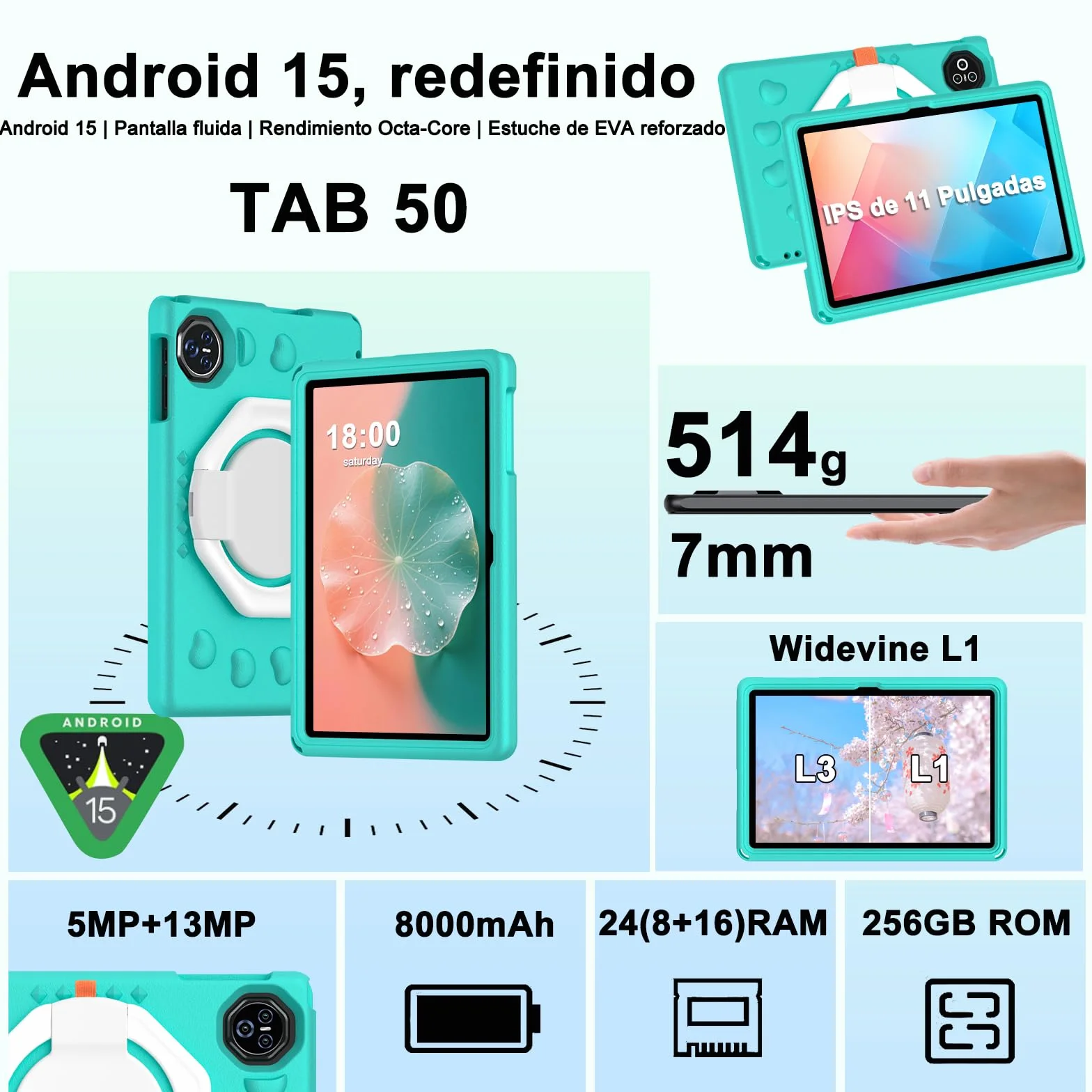 Tablet Android 15 11 Pulgadas Octa-Core 24GB+256GB/2TB 8000 mAh Cuerpo Metálico Verde