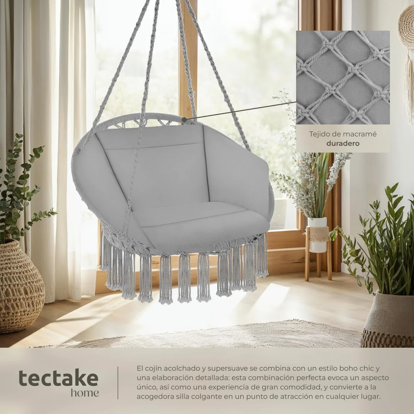 tectake® Columpio Jardín Exterior, Silla Colgante con Cojín Grande y Mullido, Sillón Balancín con Estructura Estable de Acero, Hamaca Colgante para Interior y Exterior, Trenzado en Algodón - Gris