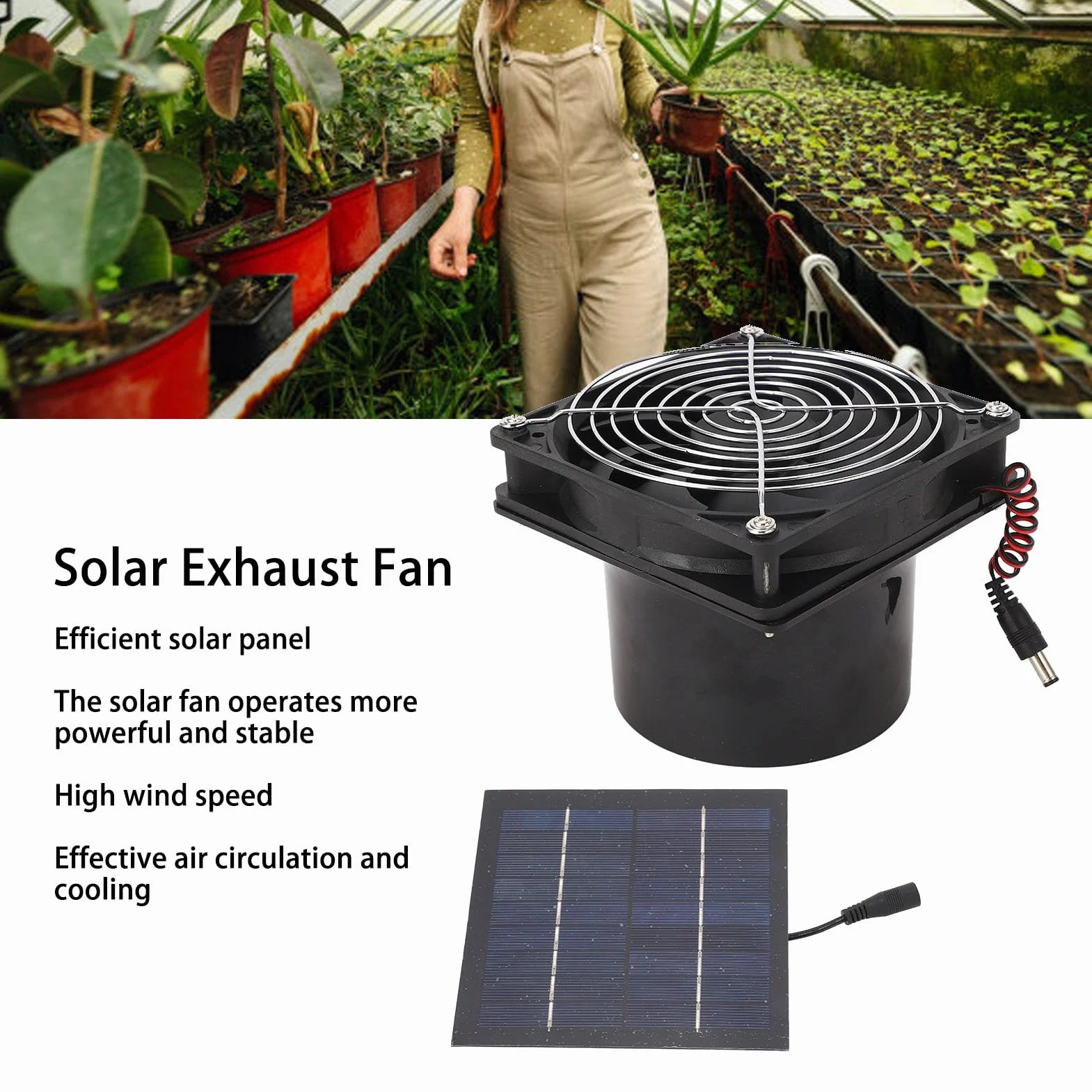Extractor solar 50W, panel solar 5-12V, de ventilación para cocina, invernadero, casa de mascotas, gallinero y garaje.