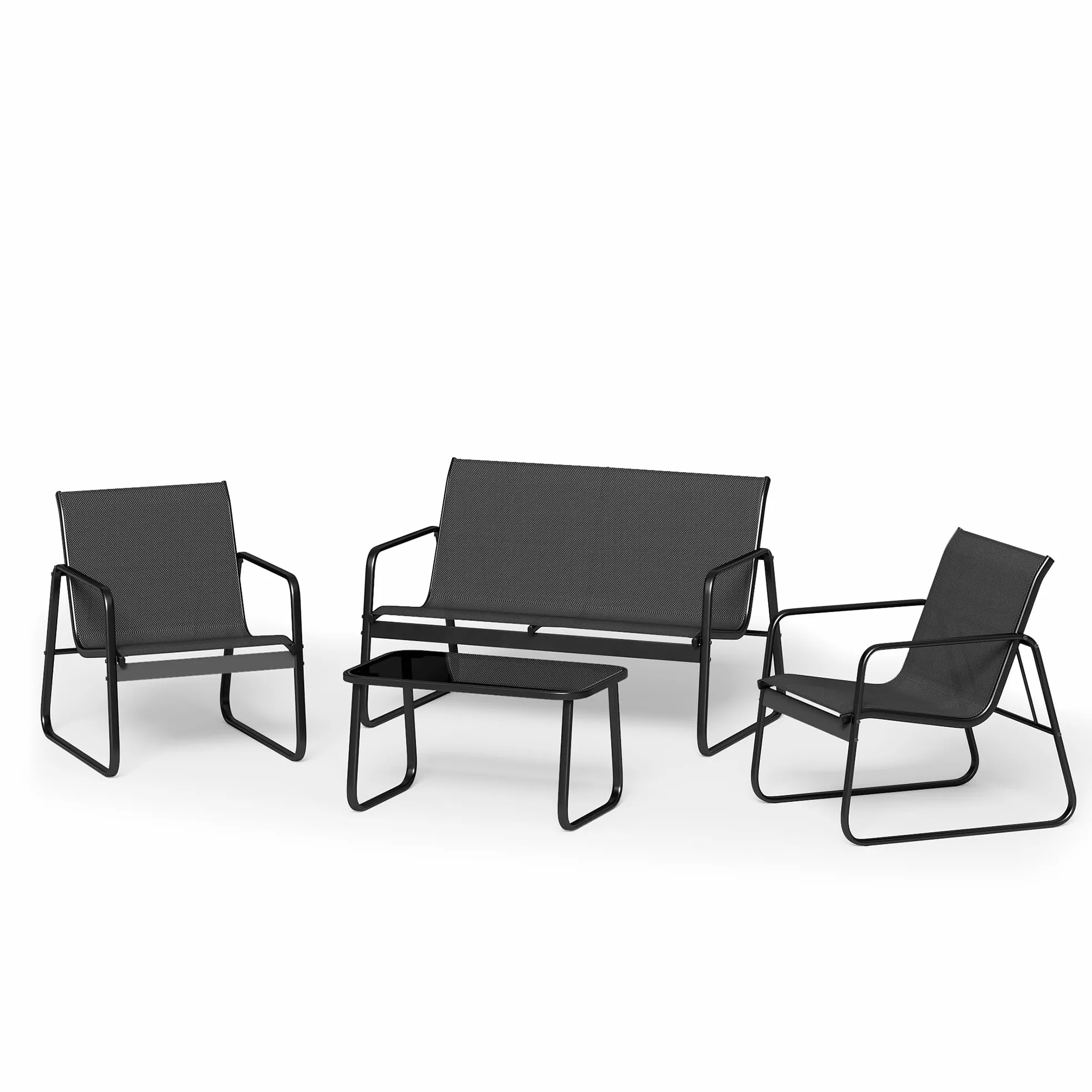 Conjunto de Jardín 4 Piezas con 3 Sillones y Mesa de Cristal Muebles de Exterior Negro