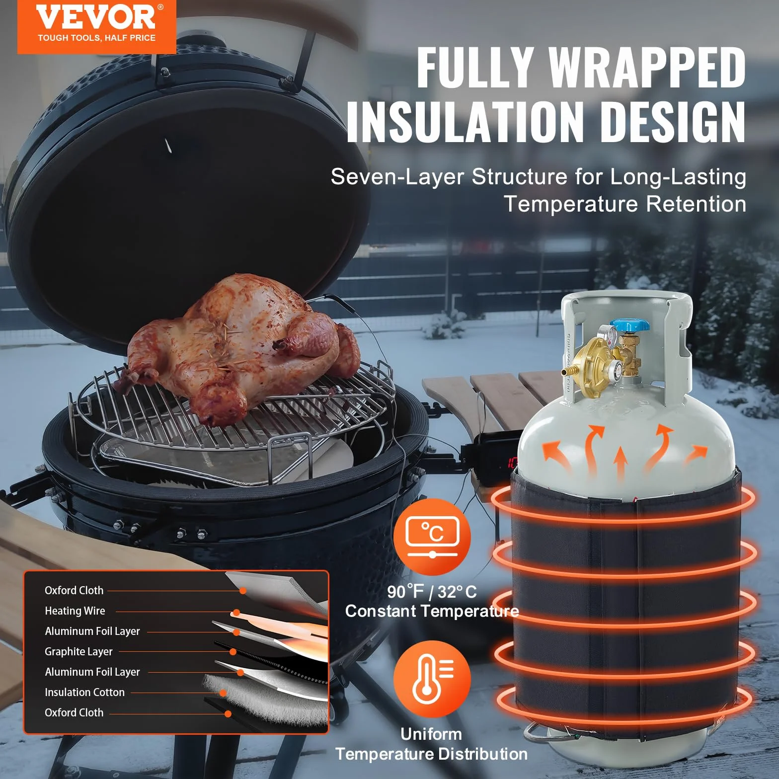 VEVOR Manta Calefactora para Tanque de Propano Cubierta Aislada 120 W 9-18 kg Termostato Interno 32,22 °C Tela Oxford Resistente al Agua