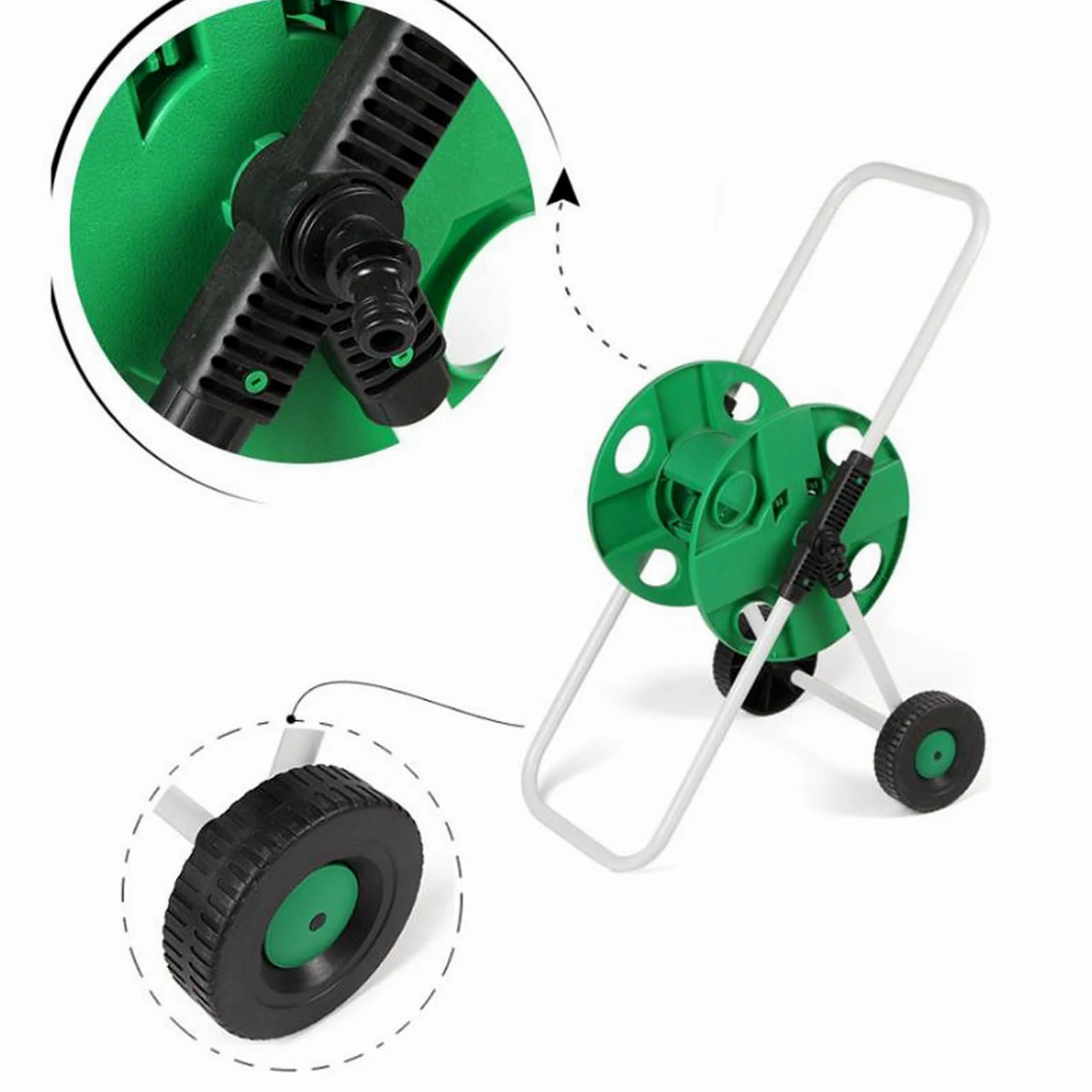 Soporte para manguera de agua resistente, carrito para carrete de manguera de jardín con guía de manguera integrada, soporte móvil con ruedas, capacidad para manguera de 50 m (164 pies) y 1/2", cons