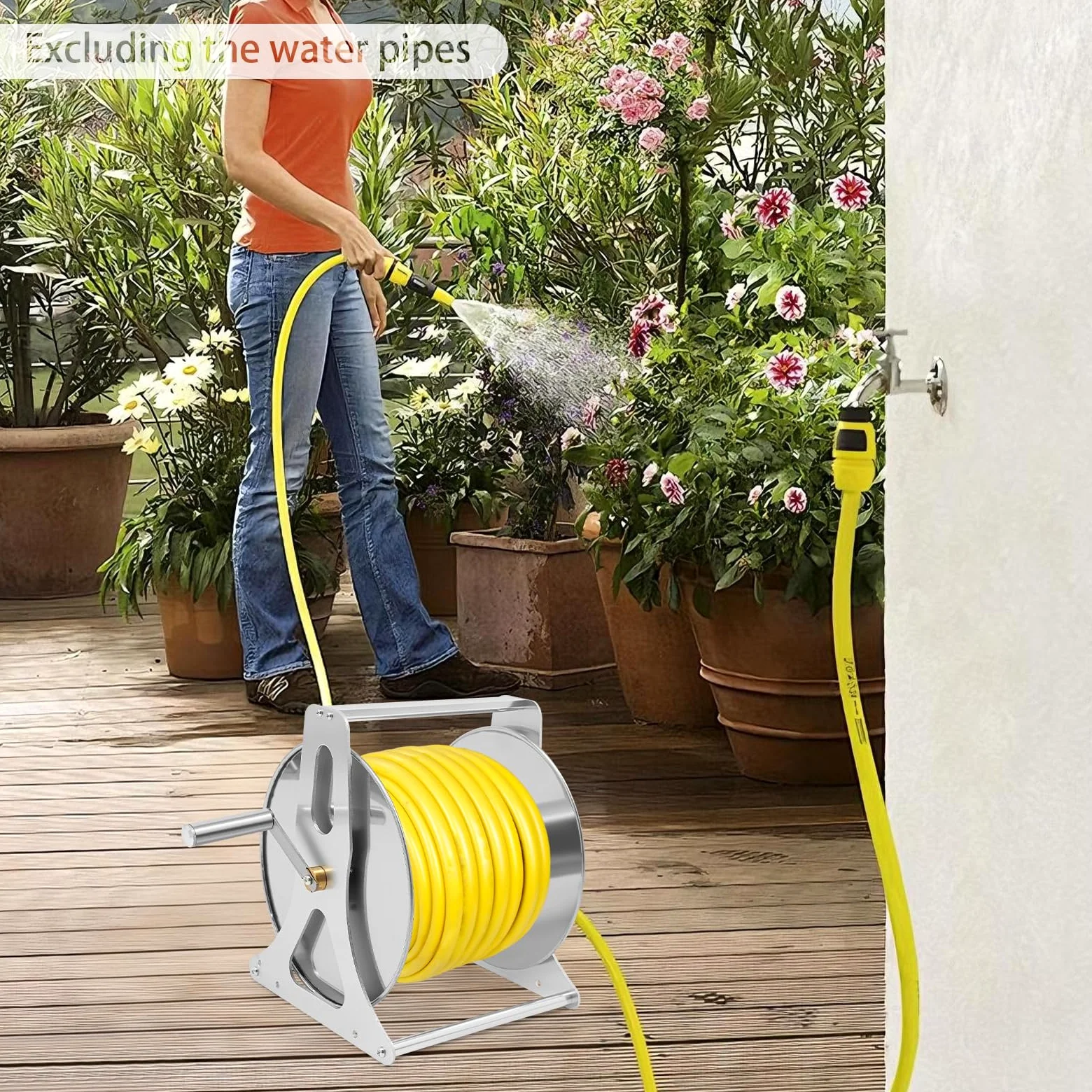 Carrete de manguera de acero, enrollador de manguera compacto, soporte de manguera con montaje en pared, enrollador automático para manguera de jardín de 30 m de 1/2"