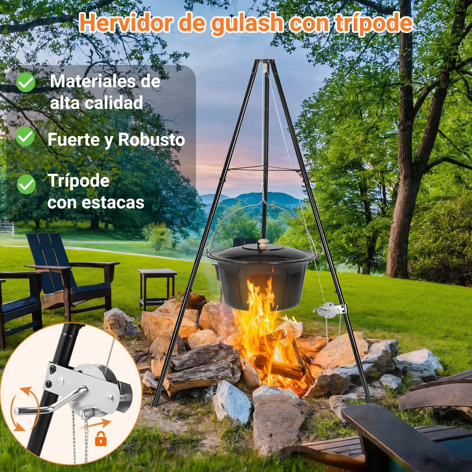 Hervidor para Goulash de 30L con Trípode y Cuchara, Hervidor para Gulash Original Húngaro, Olla para Gulash Esmaltada, con Cadena de Altura Ajustable, Juego de Olla para Gulash, para 25-30 Personas