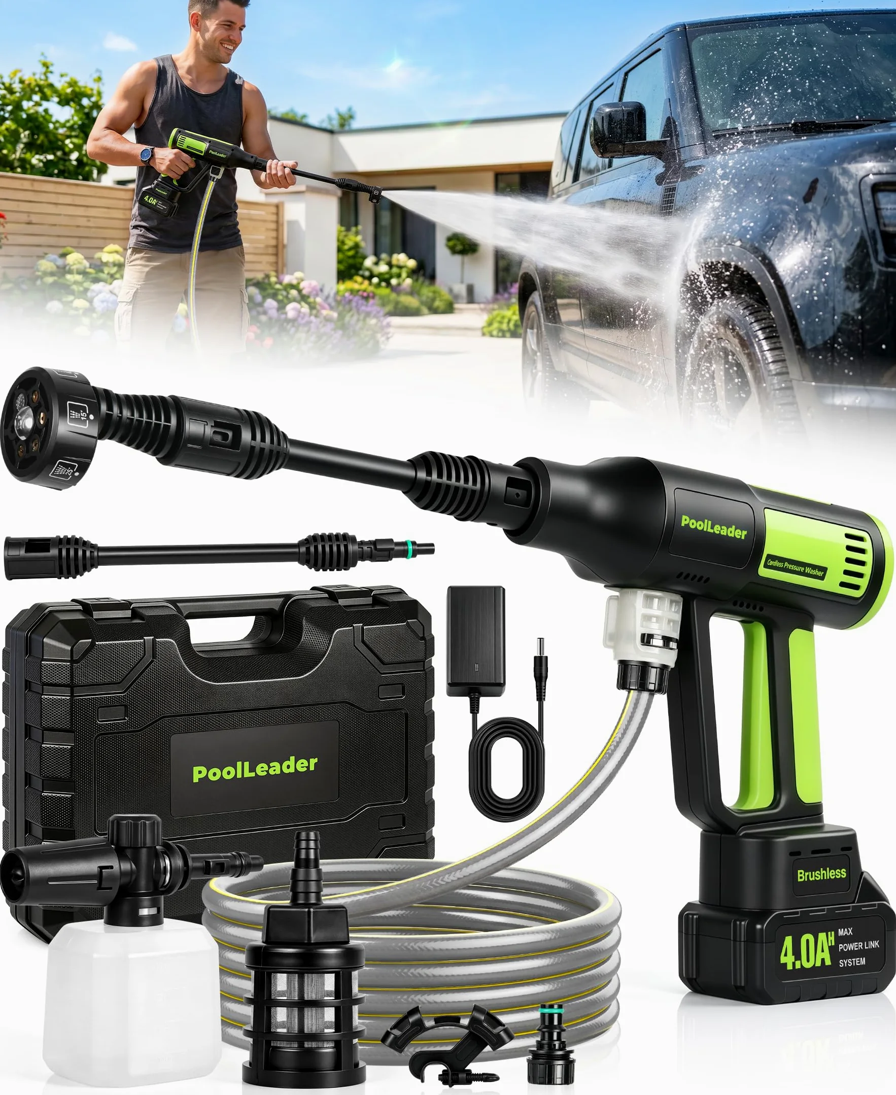 Hidrolimpiadora Bateria de Alta Presion,Sin Cepillo Hidrolimpiadora Portati | 50Bar Pistola de Agua a Presión con 4 Niveles Potencia & Pantalla LCD, Boquilla Ajustable 6 en 1 Hidrolimpiadora Bateria