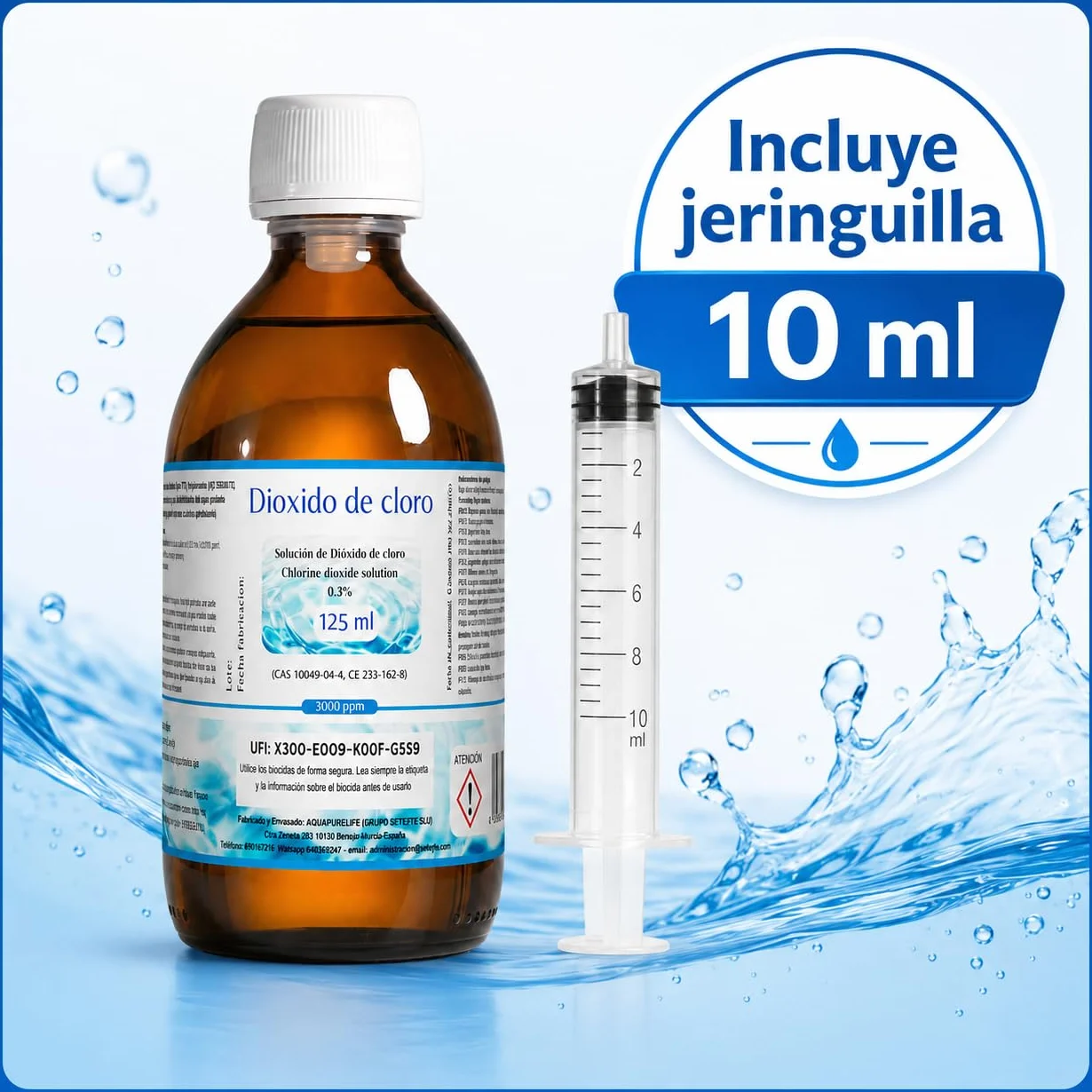 Dioxido de Cloro 3000ppm - CDS 0,3% - Envasado en Botella Cristal Ambar - Fabricado en España (125ml)