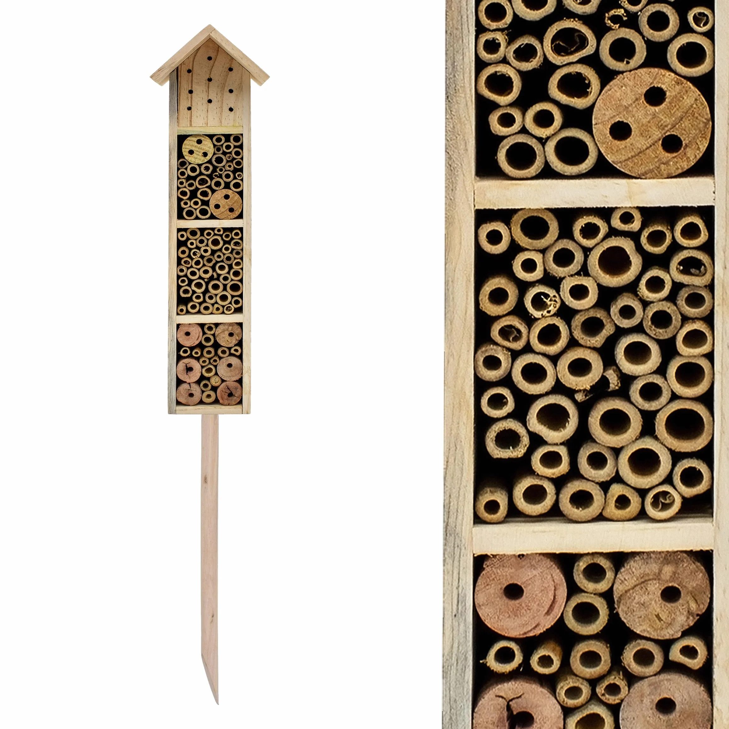 Hotel para insectos de madera con estaca – H 78 cm – Casa de insectos natural para colocar – Bienenhotel Hummelhaus Holzhaus Nisthilfe para abejas, abejas, crisopas, mariposa
