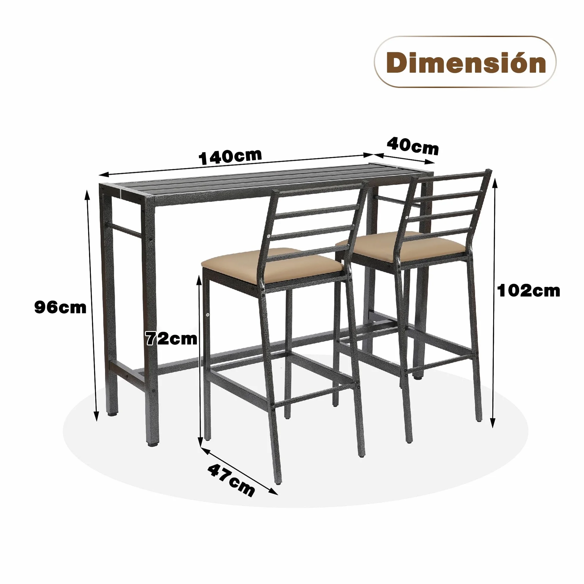 Juego de Comedor y Bar para Patio de 3 Piezas, Mesa Rectangular Resistente de 140 cm de Altura con 2 taburetes Acolchados, Mesa y sillas de Metal para Patio, Porche, bistró o balcón.