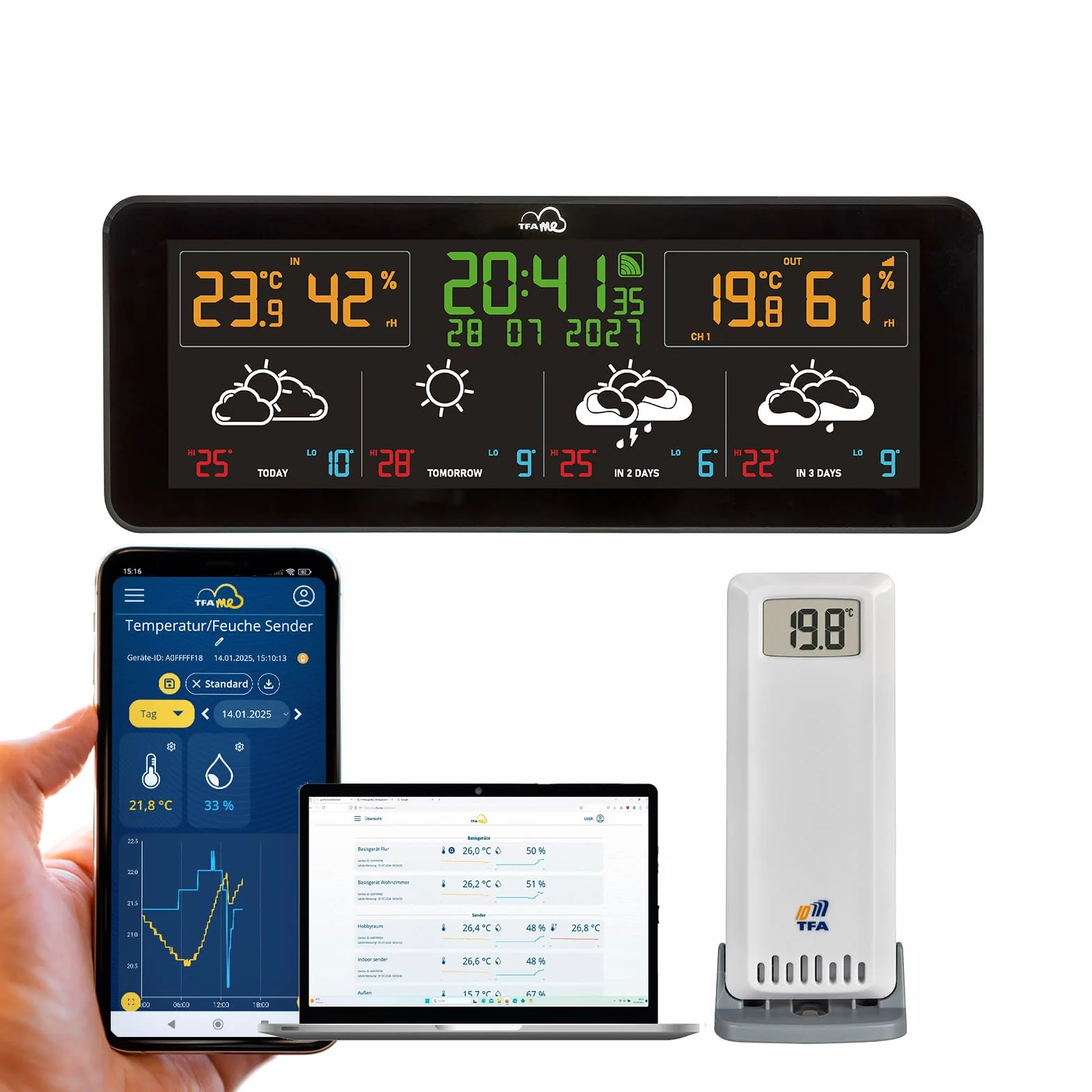 TFA Dostmann TFA.me ID-07 Estación meteorológica inalámbrica Wi-Fi 35.8107.01 - Previsión del tiempo profesional por wetter.com - Portal en línea - Sensor exterior - Ideal para oficina - Valores