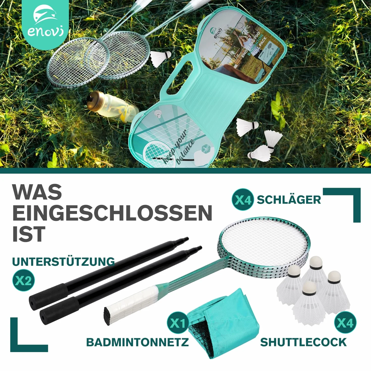 EasyGo Juego de Bádminton con 4 Raquetas, Red y 4 Volantes