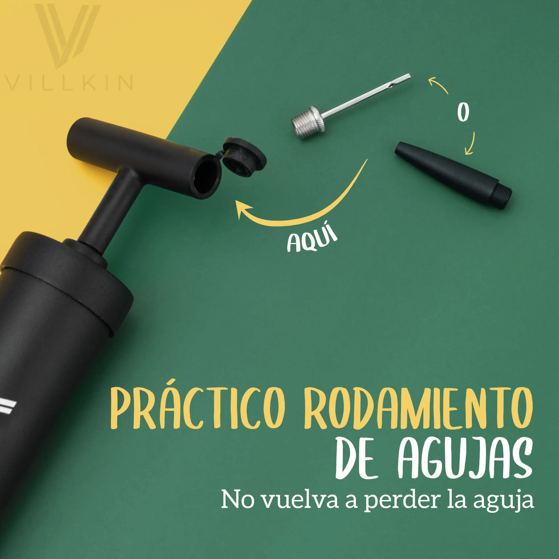 Villkin Inflador para Pelotas con 4 Agujas de Metal, 2 Boquillas de Plástico, Manguera Flexible - Negro