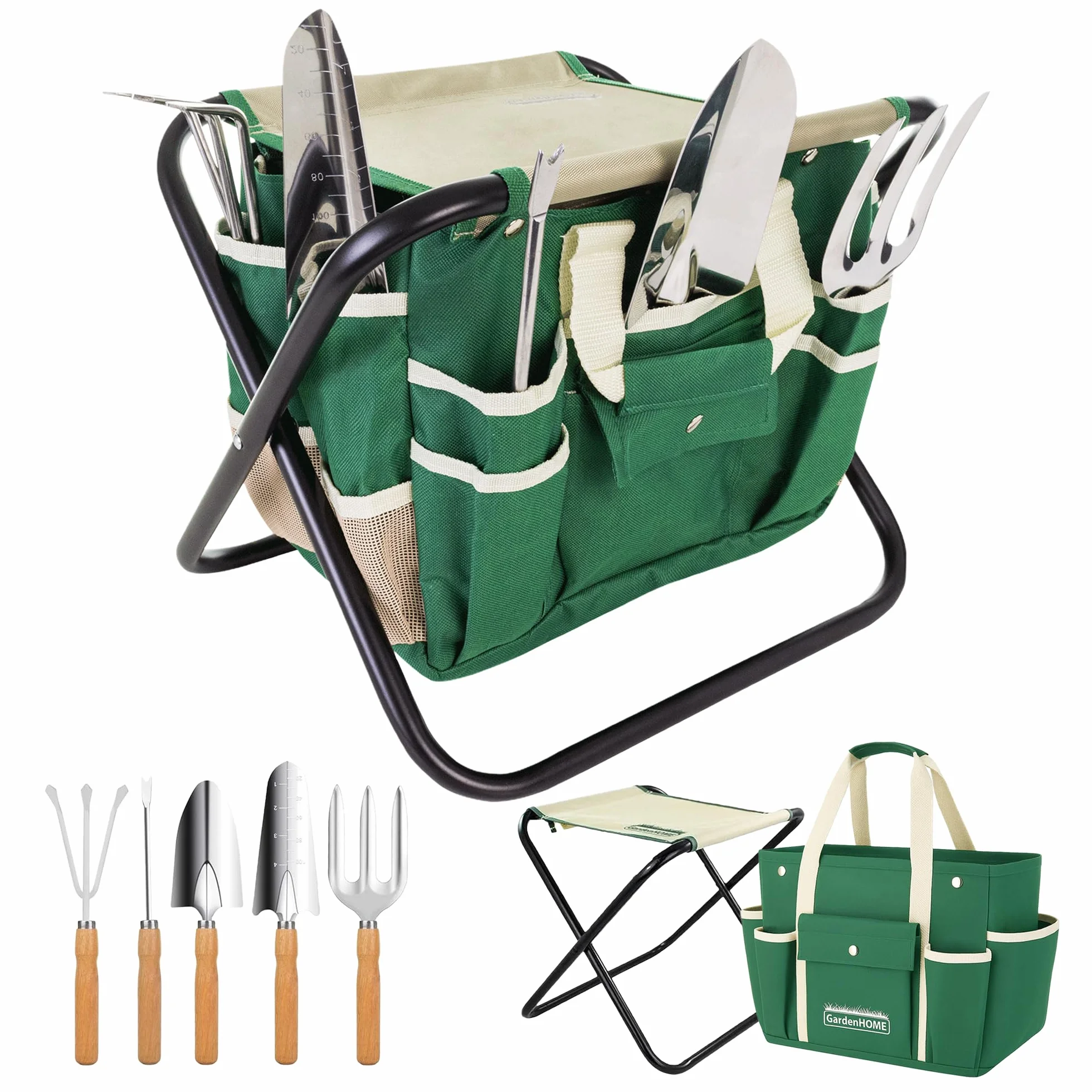 GardenHome Taburete Plegable para Jardinería 7 en 1 - Incluye Juego de Herramientas de Jardín de Acero Inoxidable de 5 Piezas y Estuche de Transporte Gratuito