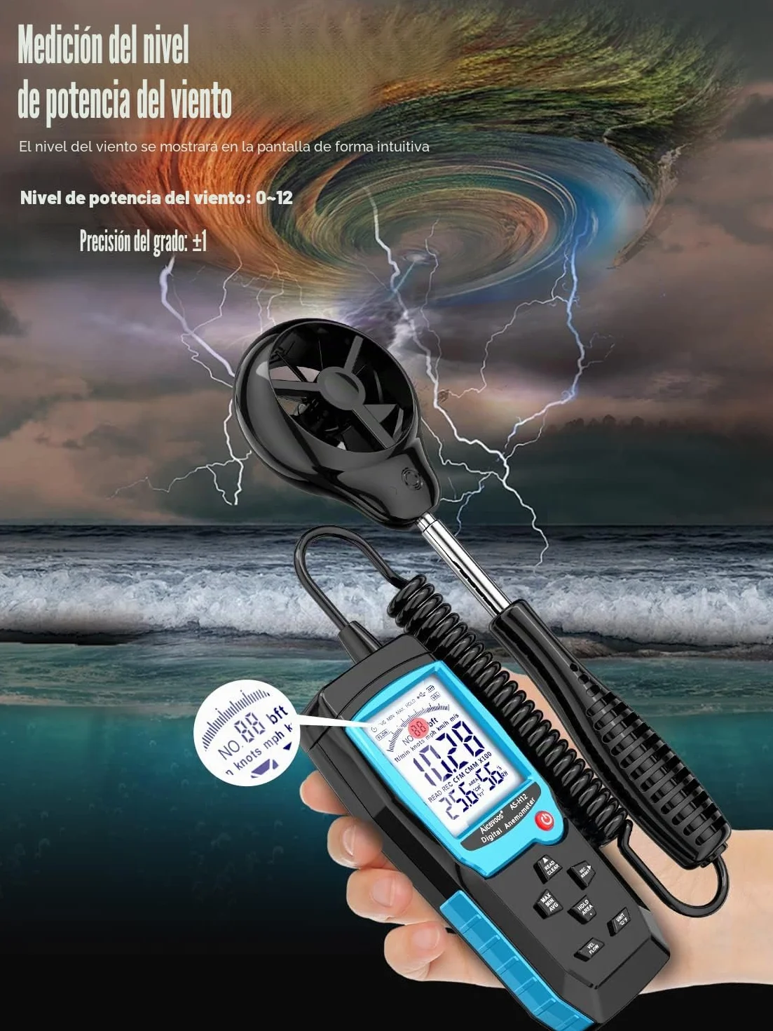 Anemometro Portatil Anemómetro Digital con Sensor de Viento Extendido, Mide Temperatura del Viento Velocidad del Viento Flujo de Viento CFM y Humedad con Retroiluminado y MAX/MIN/AVG