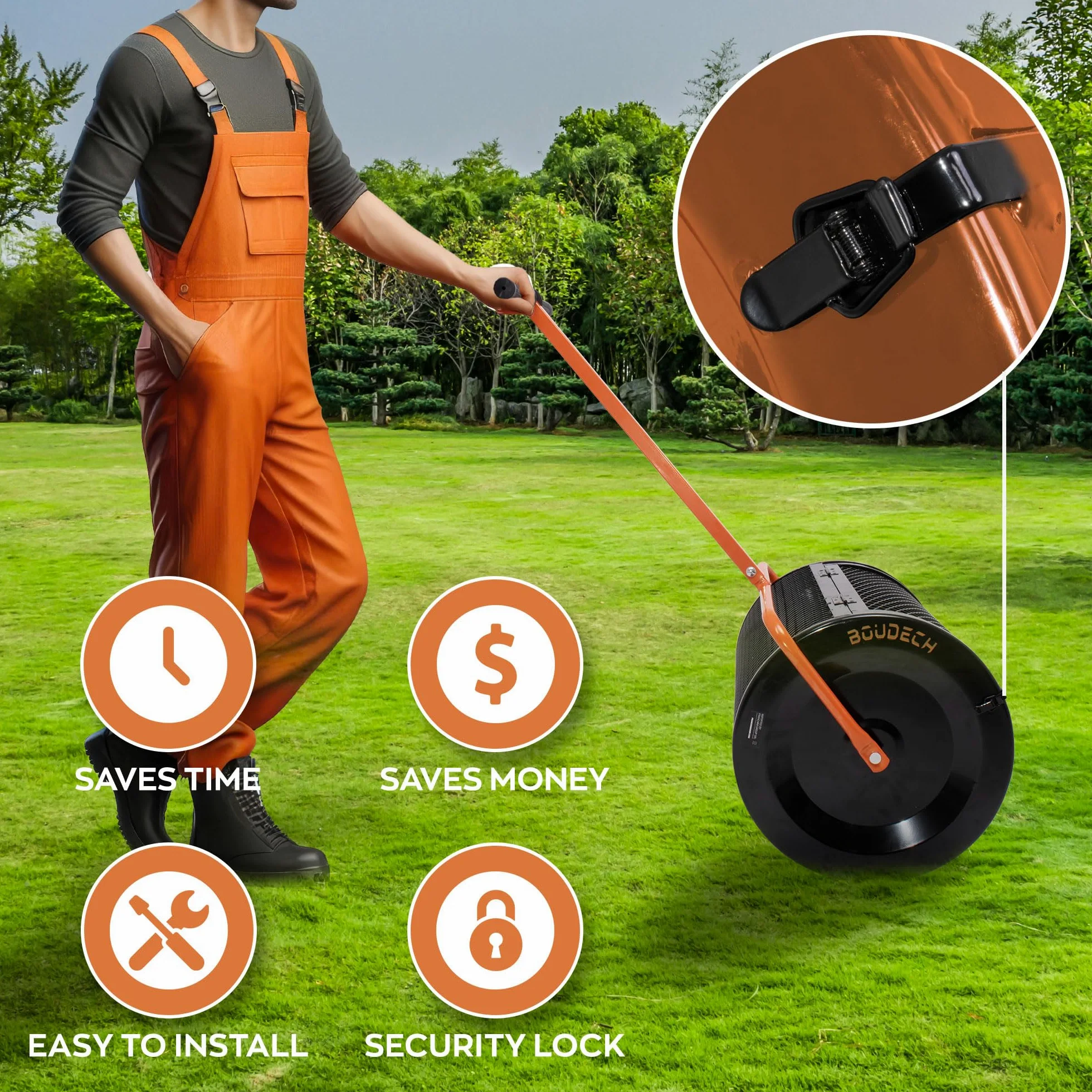 BOUDECH Spreader – Esparcidor de rodillo de jardín 60 x 107 x 39,5 cm para abono y siembra, jaula de metal naranja