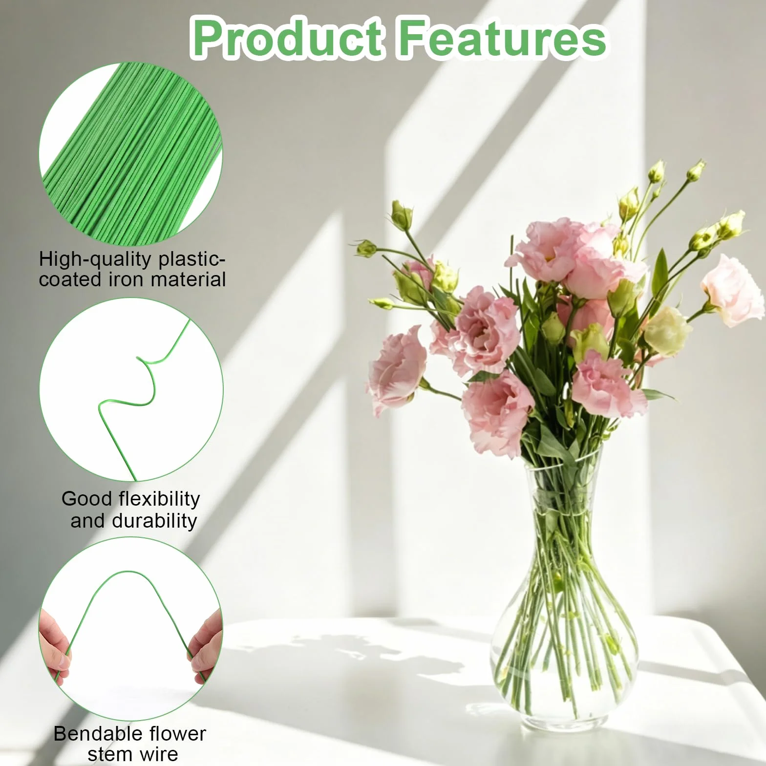 Alambre para flores verde, 150 unidades, 2 mm, 30 cm, alambre verde para floristería, varillas de alambre para manualidades, alambre estable para manualidades, flores, arreglos, ramos de jardín