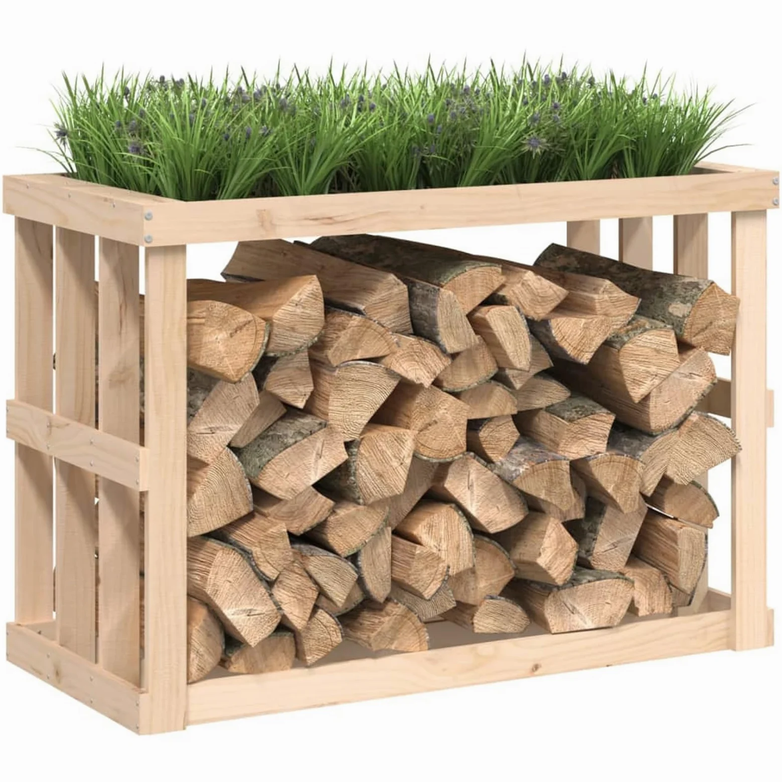 Homgoday Estantería para leña de chimenea, soporte para leña de chimenea, soporte apilable para leña con maceta superior, 108 x 52 x 74 cm, madera maciza de pino