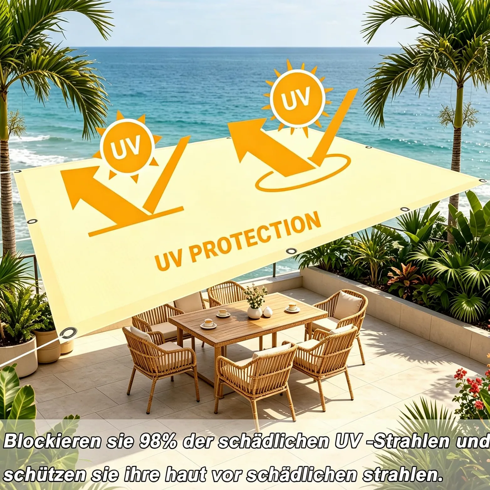 Toldo Vela de Sombra Impermeable 2.5x3M Toldo de Exterior Protección UV 95% Resistente al Desgarro con Ojales y Cuerdas, para Exteriores Patio Terraza Balcón Piscina Camping, Arena