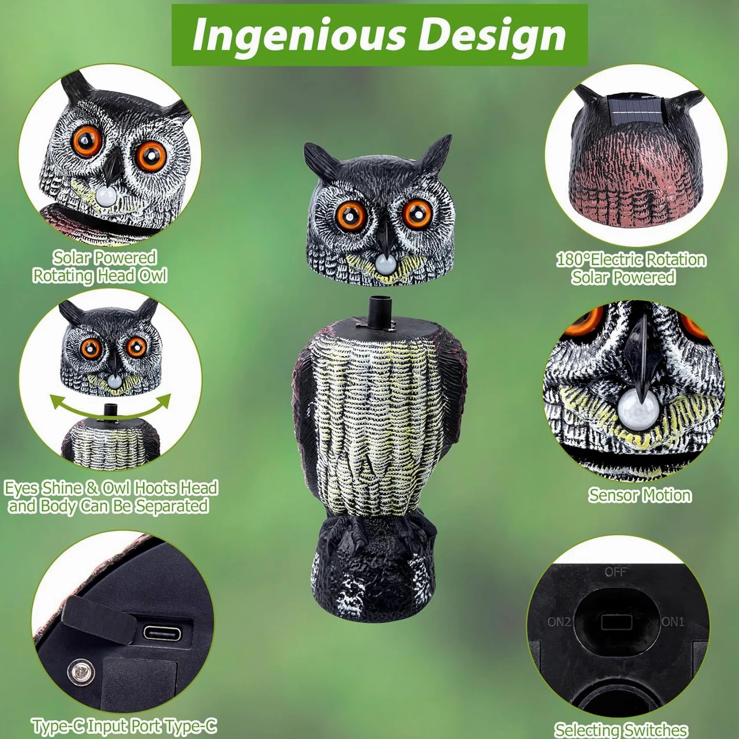 Buho Espantapajaros Solar, Buho Ahuyentador Palomas con Sonido, 43cm Alto | Buhos Espantapajaros Gira Cabeza, Figura Señuelo Búhos Decorativos Grandes para terraza balcon tejado huerto arbol