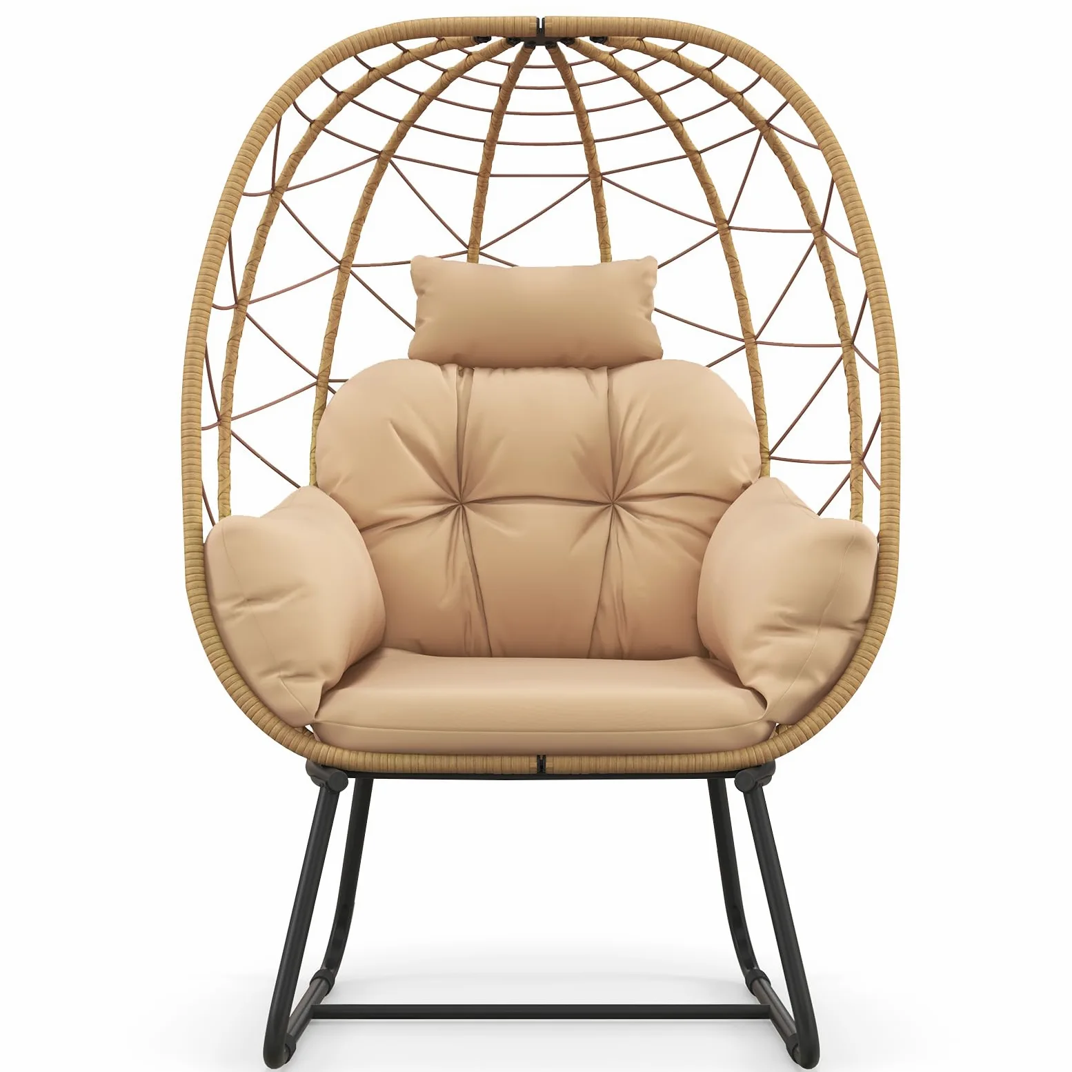 LIFEZEAL Silla Huevo de Mimbre, Sofá de Ratán para Jardín, Patio, Con Cojín Extraíble, Almohada, Soporte de Metal, para Balcón, Porche, Terraza (Beige)